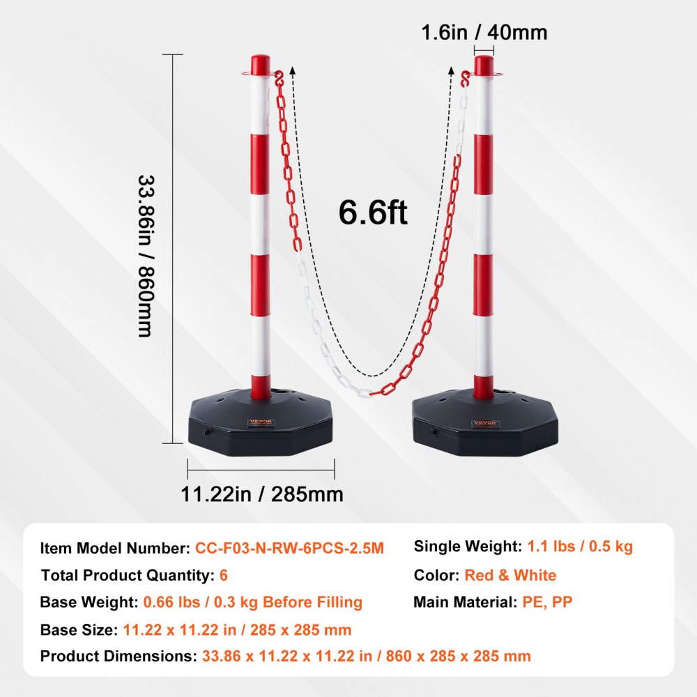 VEVOR Adjustable Traffic Delineator Post Cones, 6 Pack, Traffic Safety Delineator Barrier with Fillable Base 6.6FT Chain, for Traffic Control Warning Parking Lot Construction Caution Roads, Red&White