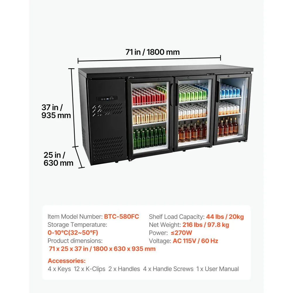 VEVOR Back Bar Cooler, 19.6 Cu. Ft Counter Height Beverage Refrigerator, Commercial Bar Display Fridge w/ 3 Glass Doors, LED Lighting, Fan Cooling Beer Wine Cooler for Pub, Merchandiser, Store