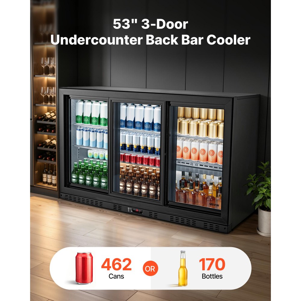 VEVOR Back Bar Cooler, 11.4 Cu.Ft Commercial Beverage Refrigerator, 3 Sliding Glass Doors, Fan Cooling Under Counter Beer Fridge w/ LED Lighting, Shelves, Low-E Glass Display for Drinks, Bar, Store
