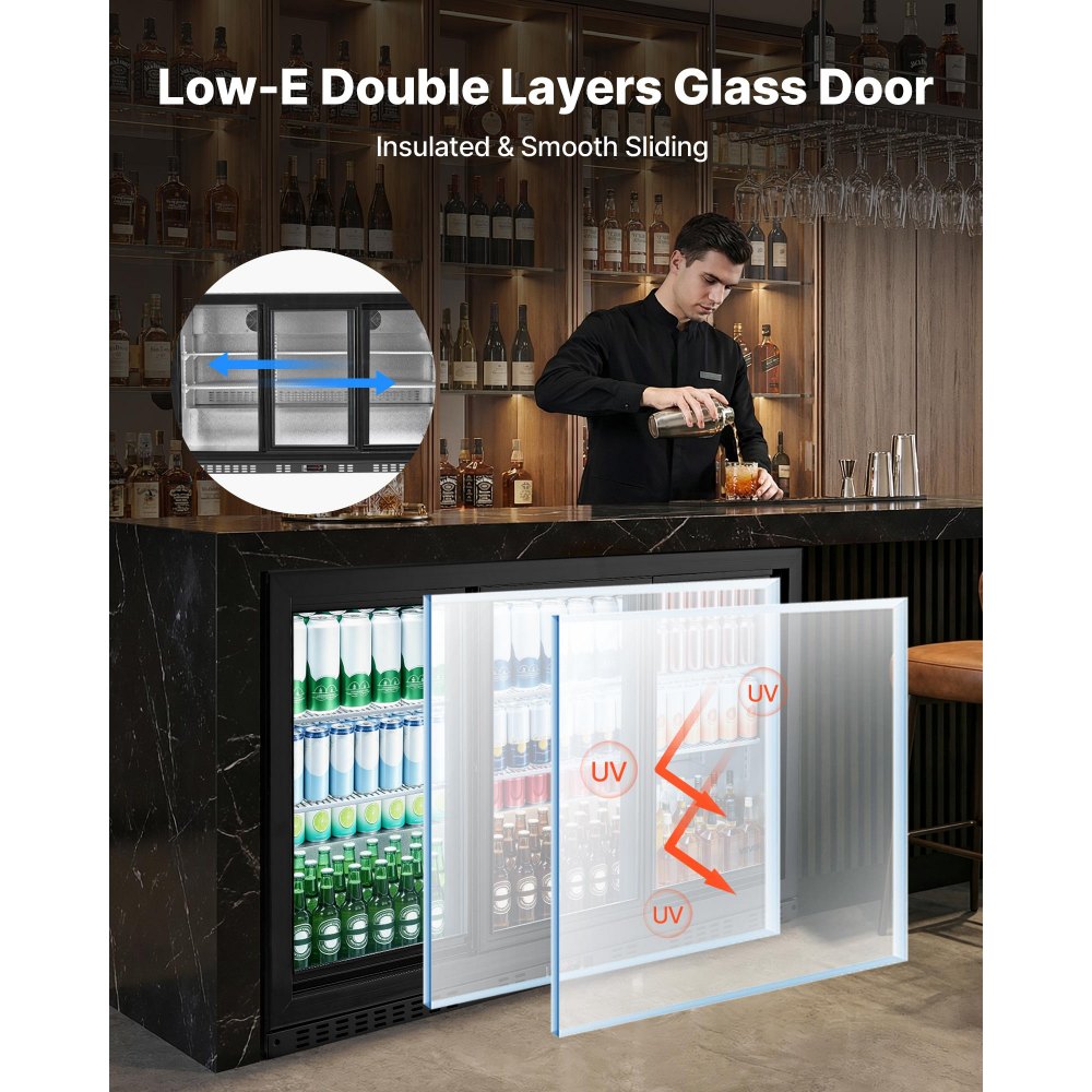VEVOR Back Bar Cooler, 11.4 Cu.Ft Commercial Beverage Refrigerator, 3 Sliding Glass Doors, Fan Cooling Under Counter Beer Fridge w/ LED Lighting, Shelves, Low-E Glass Display for Drinks, Bar, Store