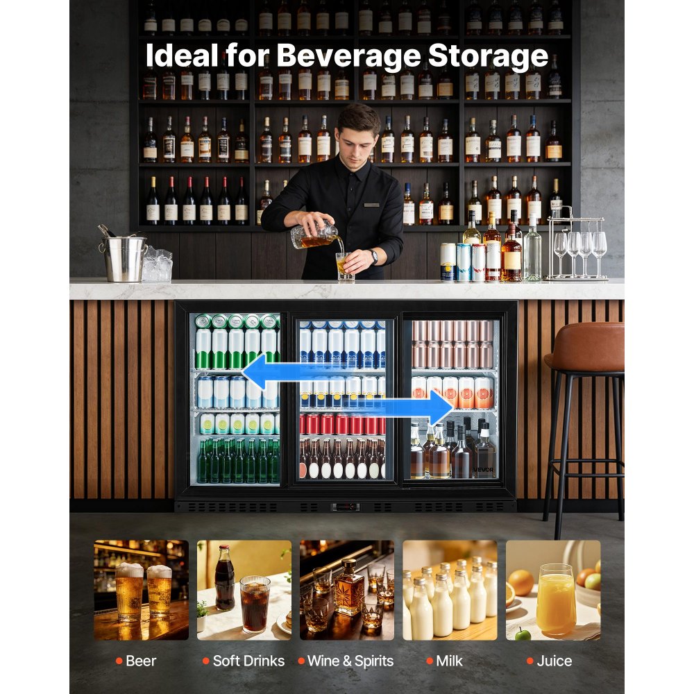 VEVOR Back Bar Cooler, 11.4 Cu.Ft Commercial Beverage Refrigerator, 3 Sliding Glass Doors, Fan Cooling Under Counter Beer Fridge w/ LED Lighting, Shelves, Low-E Glass Display for Drinks, Bar, Store