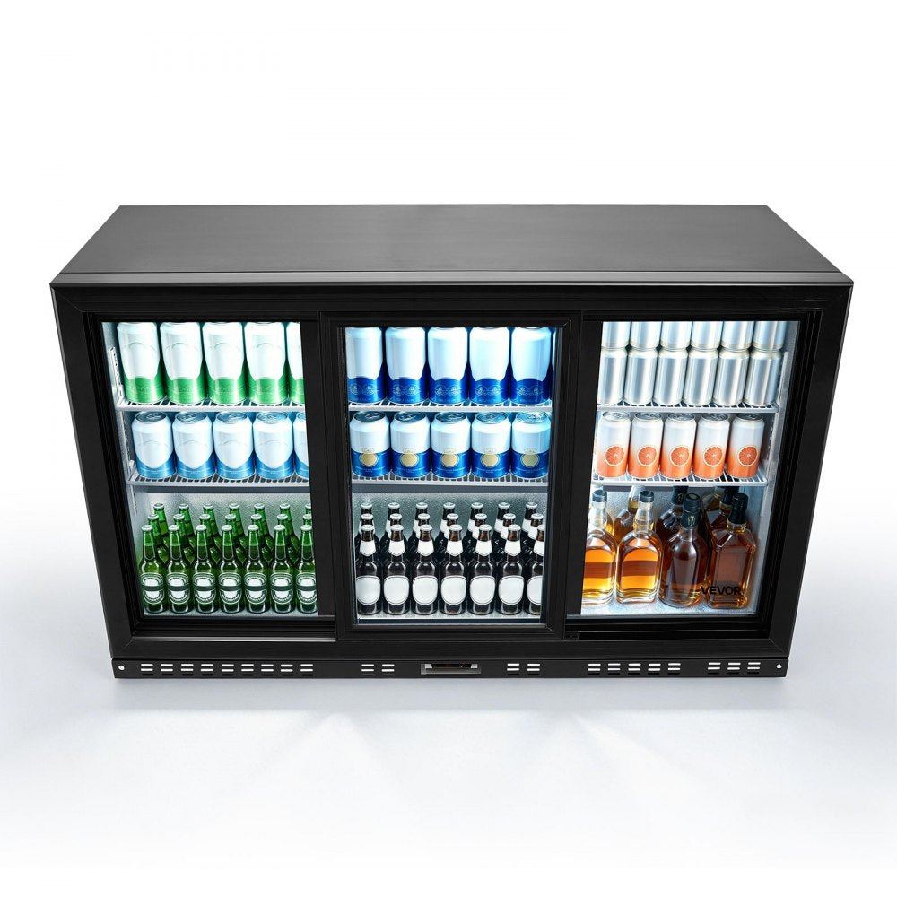 VEVOR Back Bar Cooler, 11.4 Cu.Ft Commercial Beverage Refrigerator, 3 Sliding Glass Doors, Fan Cooling Under Counter Beer Fridge w/ LED Lighting, Shelves, Low-E Glass Display for Drinks, Bar, Store