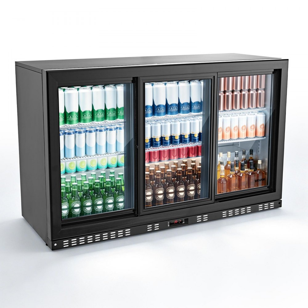 VEVOR Back Bar Cooler, 11.4 Cu.Ft Commercial Beverage Refrigerator, 3 Sliding Glass Doors, Fan Cooling Under Counter Beer Fridge w/ LED Lighting, Shelves, Low-E Glass Display for Drinks, Bar, Store