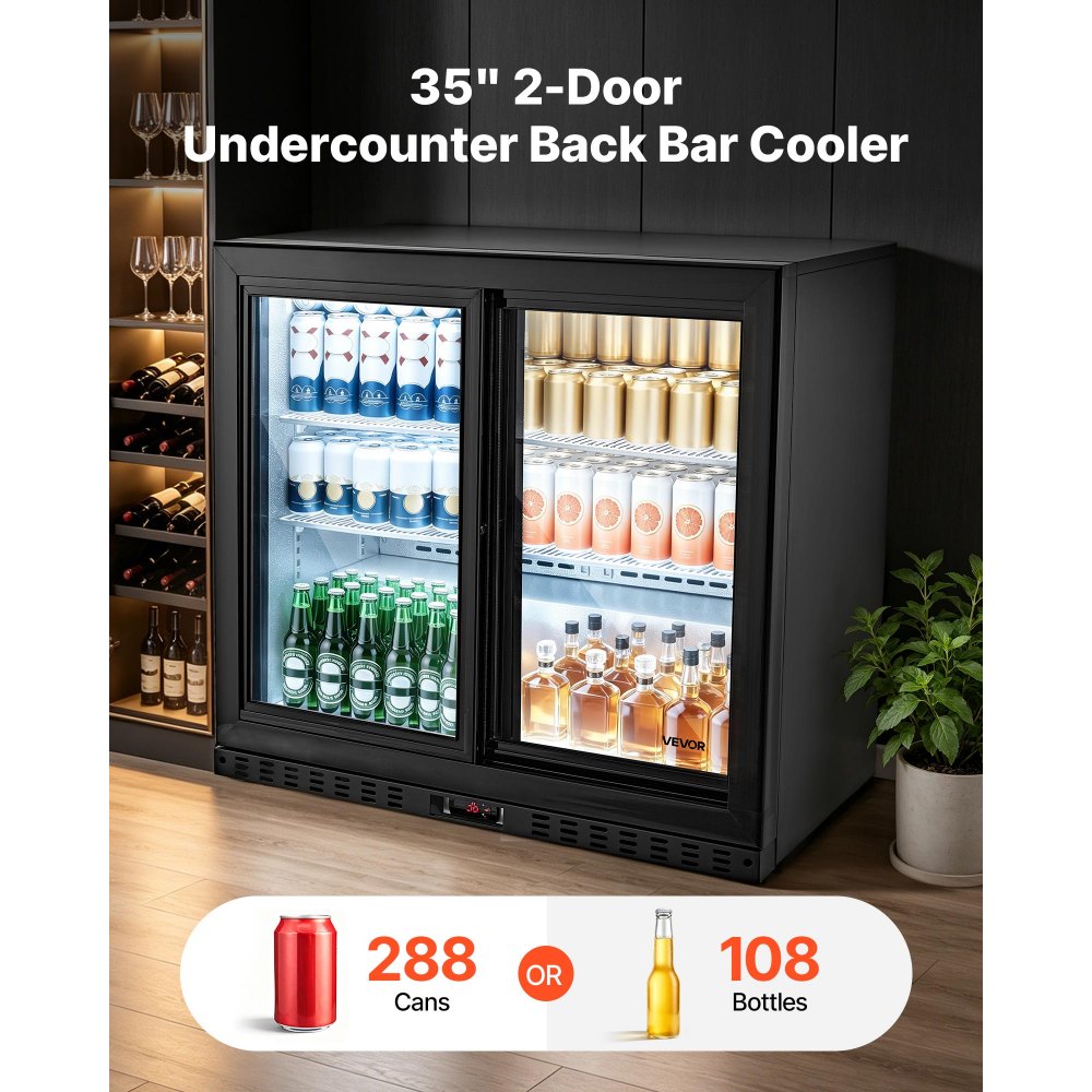 VEVOR Back Bar Cooler, 7.4 Cu. Ft Commercial Beverage Refrigerator, Under Counter Bar Fridge with 2 Sliding Doors, LED Lighting, Adjustable Shelves, Low-E Glass Display Cooler for Beer, Wine, Drink