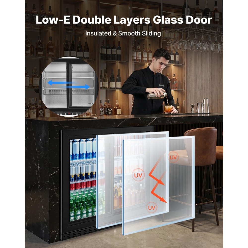 VEVOR Back Bar Cooler, 7.4 Cu. Ft Commercial Beverage Refrigerator, Under Counter Bar Fridge with 2 Sliding Doors, LED Lighting, Adjustable Shelves, Low-E Glass Display Cooler for Beer, Wine, Drink