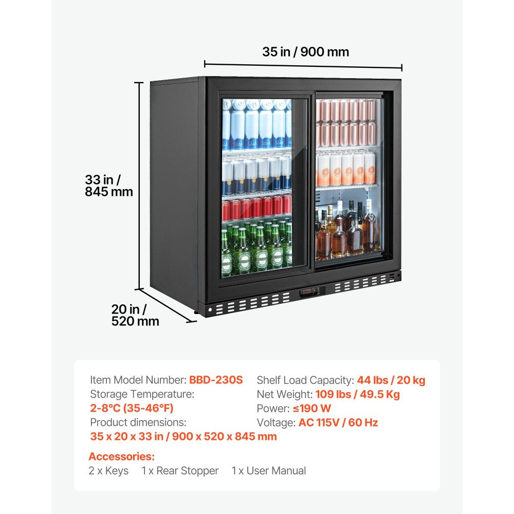 VEVOR Back Bar Cooler, 7.4 Cu. Ft Commercial Beverage Refrigerator, Under Counter Bar Fridge with 2 Sliding Doors, LED Lighting, Adjustable Shelves, Low-E Glass Display Cooler for Beer, Wine, Drink