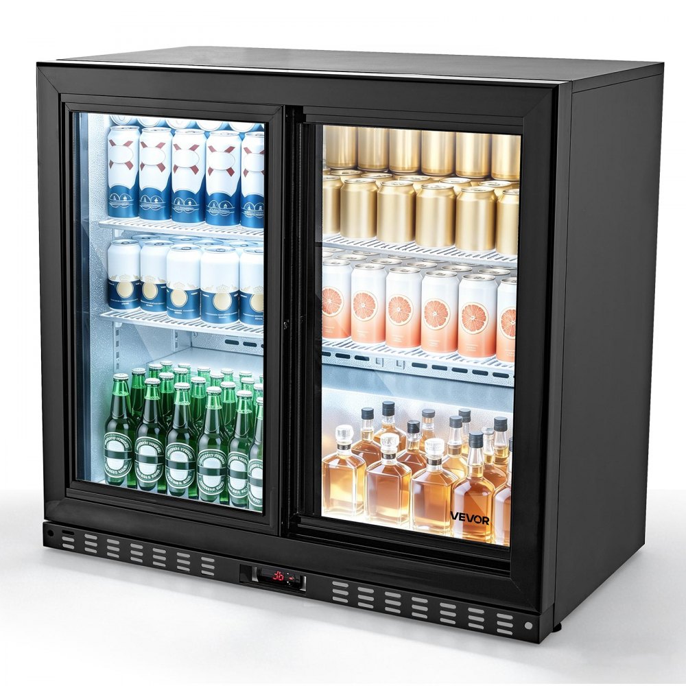 VEVOR Back Bar Cooler, 7.4 Cu. Ft Commercial Beverage Refrigerator, Under Counter Bar Fridge with 2 Sliding Doors, LED Lighting, Adjustable Shelves, Low-E Glass Display Cooler for Beer, Wine, Drink