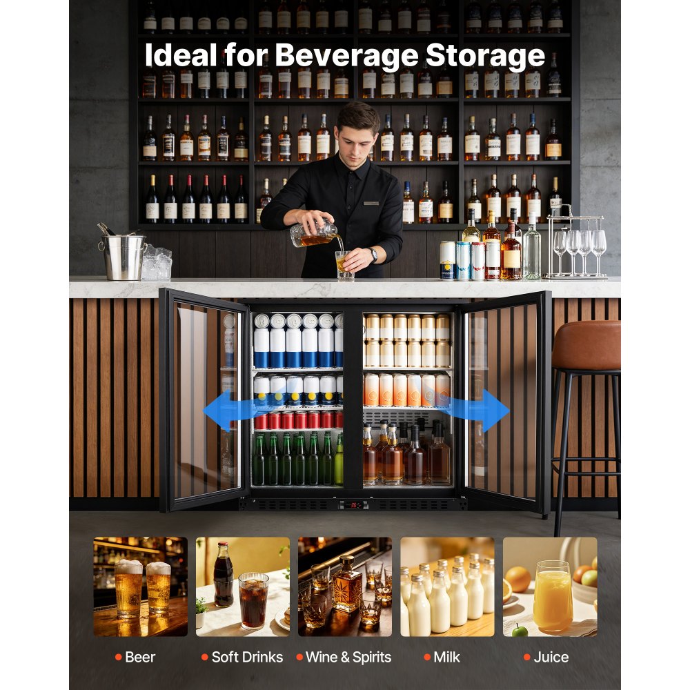 VEVOR Back Bar Cooler, 7.4 Cu. Ft Commercial Beverage Refrigerator, Under Counter Bar Fridge with 2 Glass Doors, LED Lighting, Shelves, Low-E Glass Display Cooler for Beer, Soda, Wine, Drinks