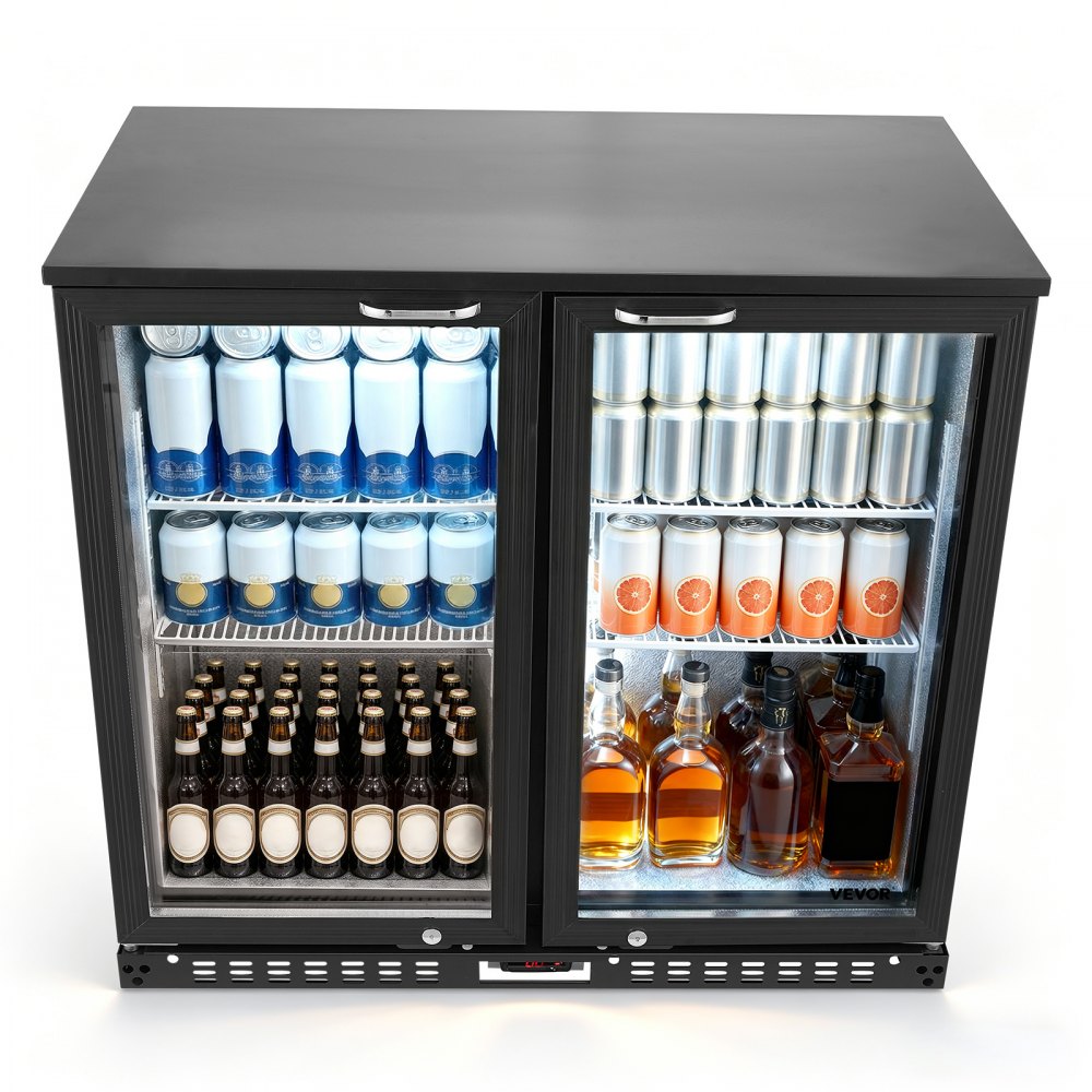VEVOR Back Bar Cooler, 7.4 Cu. Ft Commercial Beverage Refrigerator, Under Counter Bar Fridge with 2 Glass Doors, LED Lighting, Shelves, Low-E Glass Display Cooler for Beer, Soda, Wine, Drinks