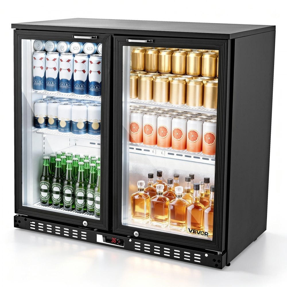 VEVOR Back Bar Cooler, 7.4 Cu. Ft Commercial Beverage Refrigerator, Under Counter Bar Fridge with 2 Glass Doors, LED Lighting, Shelves, Low-E Glass Display Cooler for Beer, Soda, Wine, Drinks