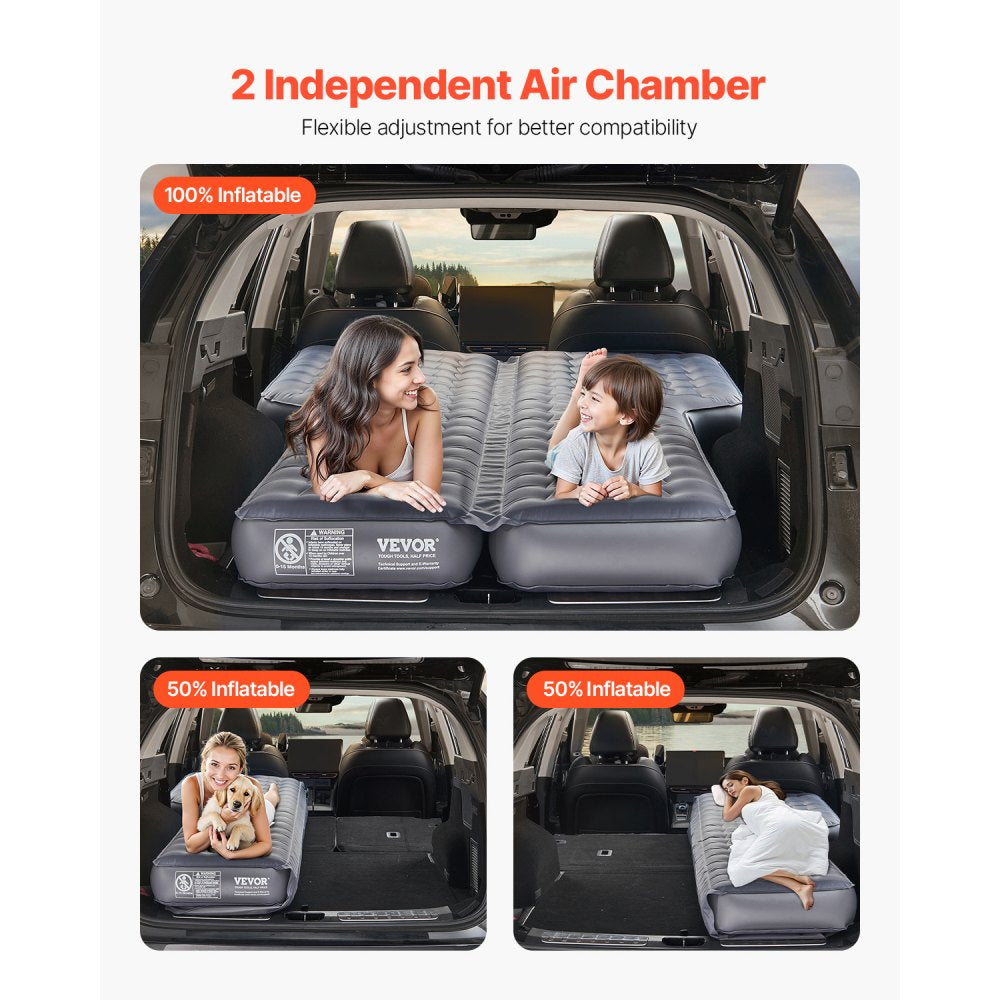 VEVOR Car Air Mattress, Inflatable Car Camping Mattress, Oxford Thickened Travel Beds, Comfortable and Durable Portable Sleeping Pad with Air Pump, Nozzle, Carry Bag, Fits Most SUV MPV Sedan, Gray