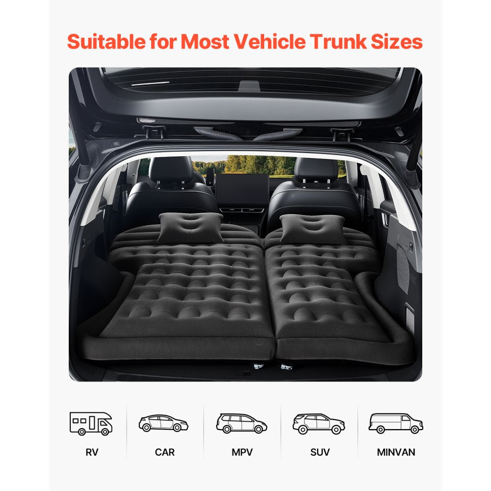 VEVOR Car Air Mattress, Inflatable Car Camping Mattress, Flocking Thickened Travel Beds, Durable Portable Sleeping Pad with Air Pump, 2 Pillows, Nozzle, Carry Bag, Fits Most SUV MPV Sedan, Black