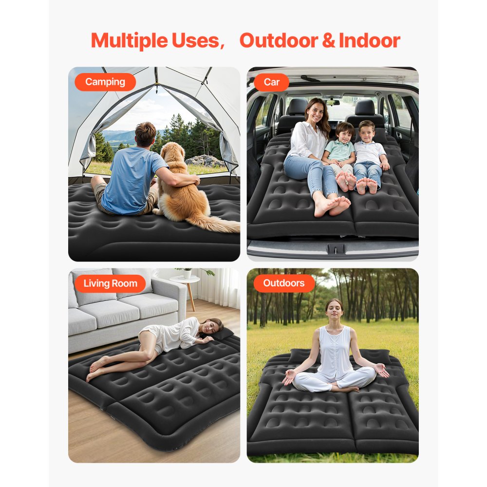 VEVOR Car Air Mattress, Inflatable Car Camping Mattress, Flocking Thickened Travel Beds, Durable Portable Sleeping Pad with Air Pump, 2 Pillows, Nozzle, Carry Bag, Fits Most SUV MPV Sedan, Black