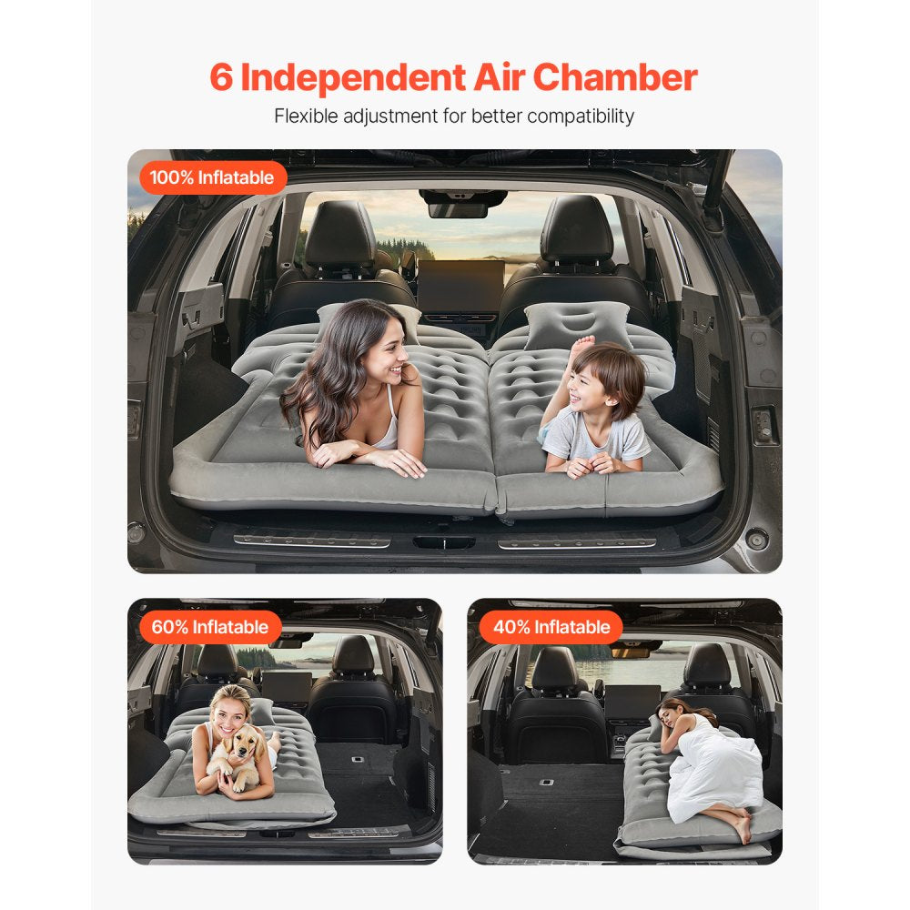 VEVOR Car Air Mattress, Inflatable Car Camping Mattress, Flocking Thickened Travel Beds, Comfortable and Durable Portable Sleeping Pad with Air Pump, Nozzle, Carry Bag, Fits Most SUV MPV Sedan, Gray