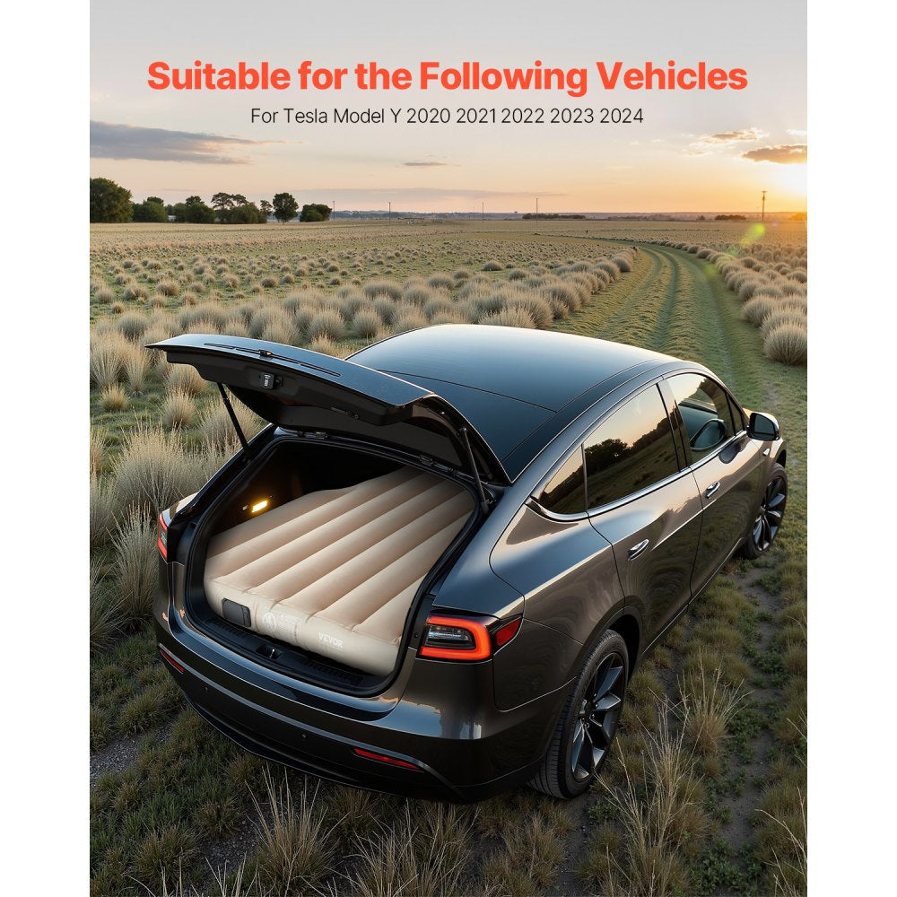 VEVOR Car Air Mattress, Fits Tesla Model Y (2020-2024), Inflatable Car Camping Mattress, Flocking Thickened Blow Up Travel Beds, Durable Portable Sleeping Pad with Built in Pump, 2 Pillows, Beige