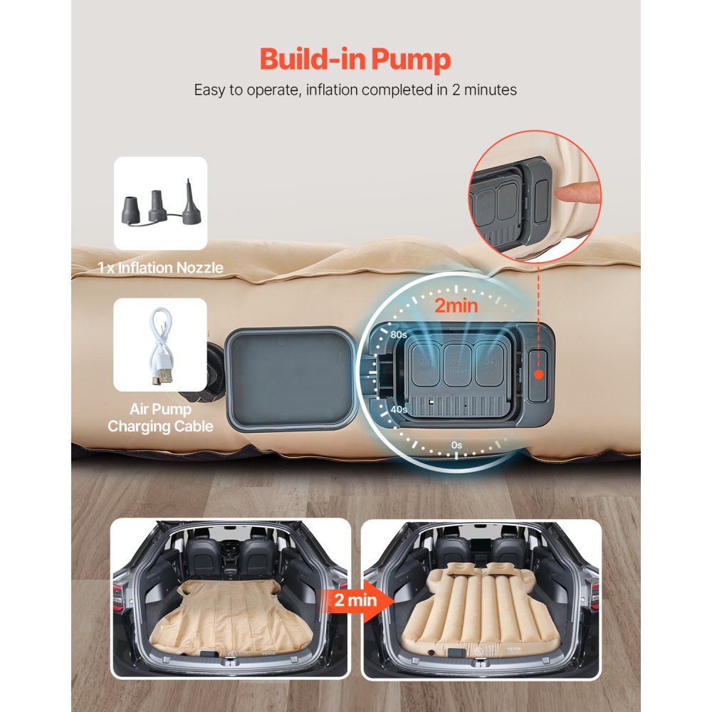 VEVOR Car Air Mattress, Fits Tesla Model Y (2020-2024), Inflatable Car Camping Mattress, Flocking Thickened Blow Up Travel Beds, Durable Portable Sleeping Pad with Built in Pump, 2 Pillows, Beige