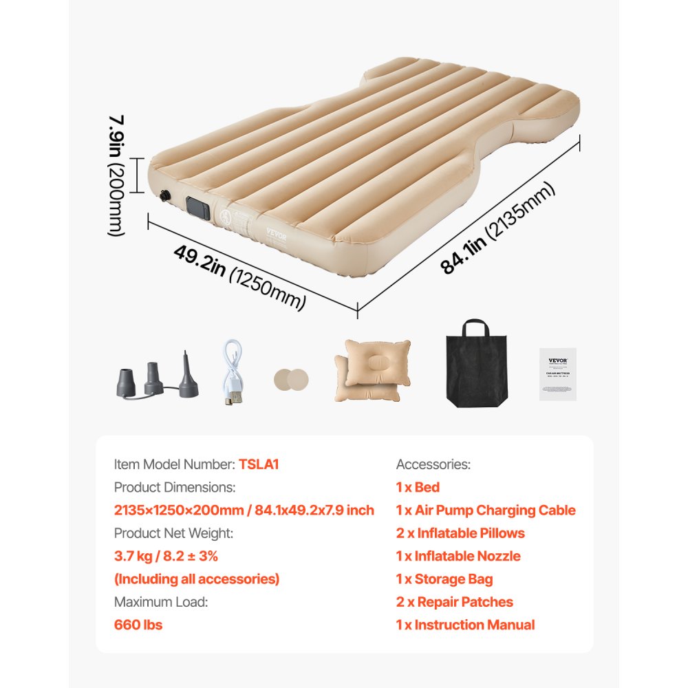 VEVOR Car Air Mattress, Fits Tesla Model Y (2020-2024), Inflatable Car Camping Mattress, Flocking Thickened Blow Up Travel Beds, Durable Portable Sleeping Pad with Built in Pump, 2 Pillows, Beige