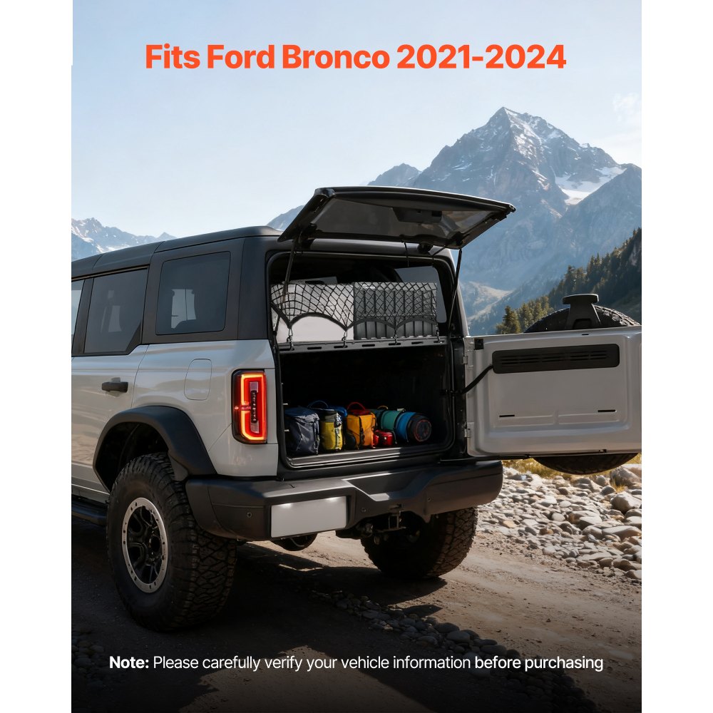VEVOR Rear Trunk Cargo Rack, for 2021-2026 Ford Bronco 4 Door Hardtops (Exclude Bronco Sport), 300 lbs Capacity, Carbon Steel Basket Tray Interior Storage Luggage Carrier with Net, Back Shelf Stand Organizer for Camping Trip Gear, Black