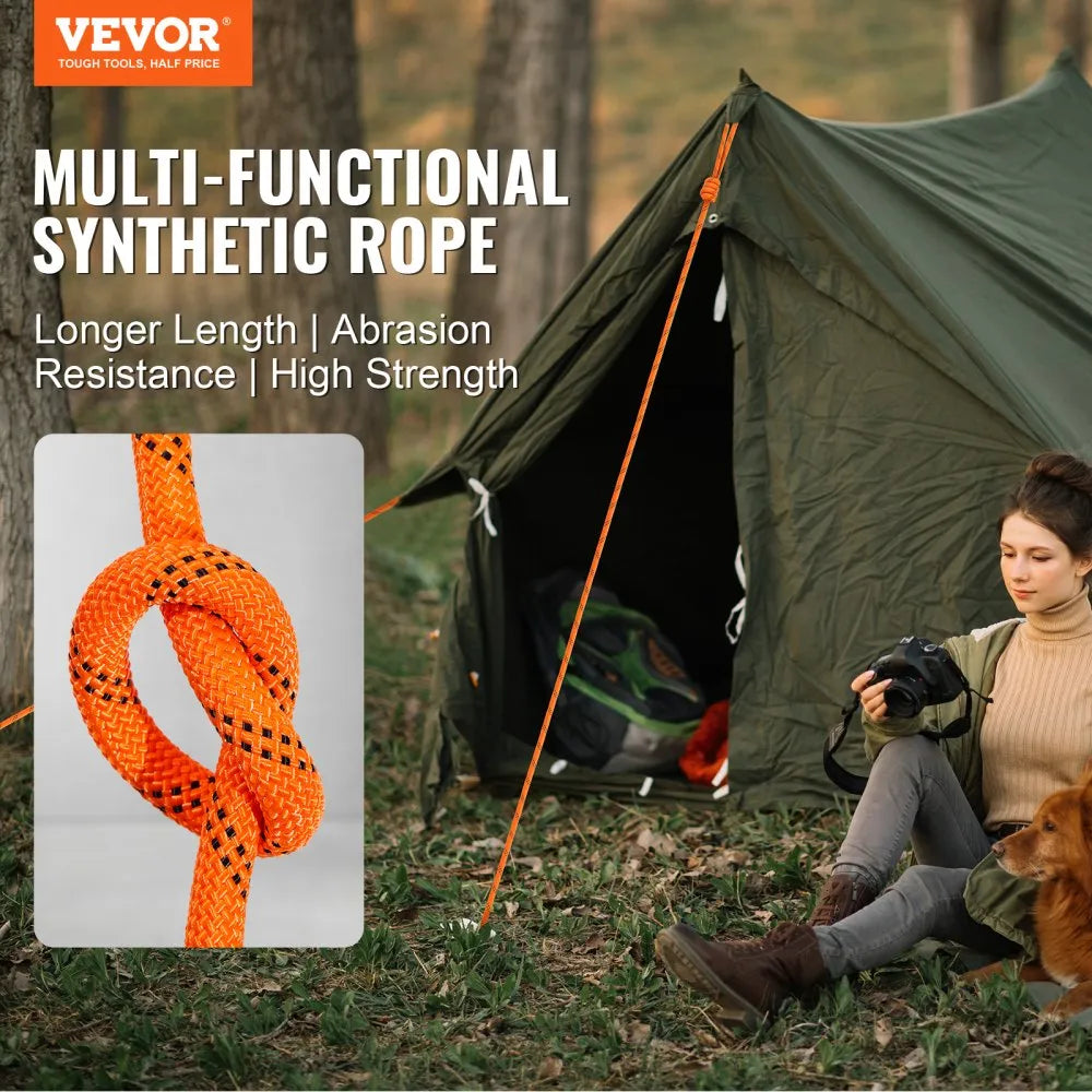 VEVOR Dual-Weave Polyester Cord, 1/2 inch x 220 feet, 48-Strand, 8000 LBS Tensile Strength, Multi-Use Outdoor Rope for Camping, Swinging, Rappelling, and Rescue, Orange/Black