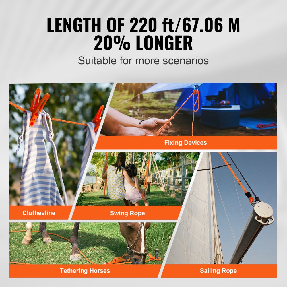VEVOR Dual-Weave Polyester Cord, 1/2 inch x 220 feet, 48-Strand, 8000 LBS Tensile Strength, Multi-Use Outdoor Rope for Camping, Swinging, Rappelling, and Rescue, Orange/Black