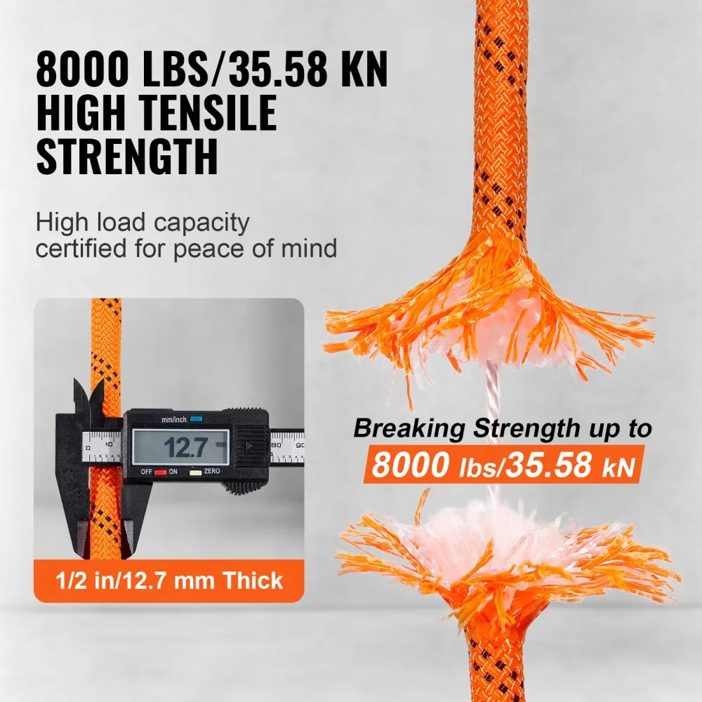 VEVOR Dual-Weave Polyester Cord, 1/2 inch x 220 feet, 48-Strand, 8000 LBS Tensile Strength, Multi-Use Outdoor Rope for Camping, Swinging, Rappelling, and Rescue, Orange/Black