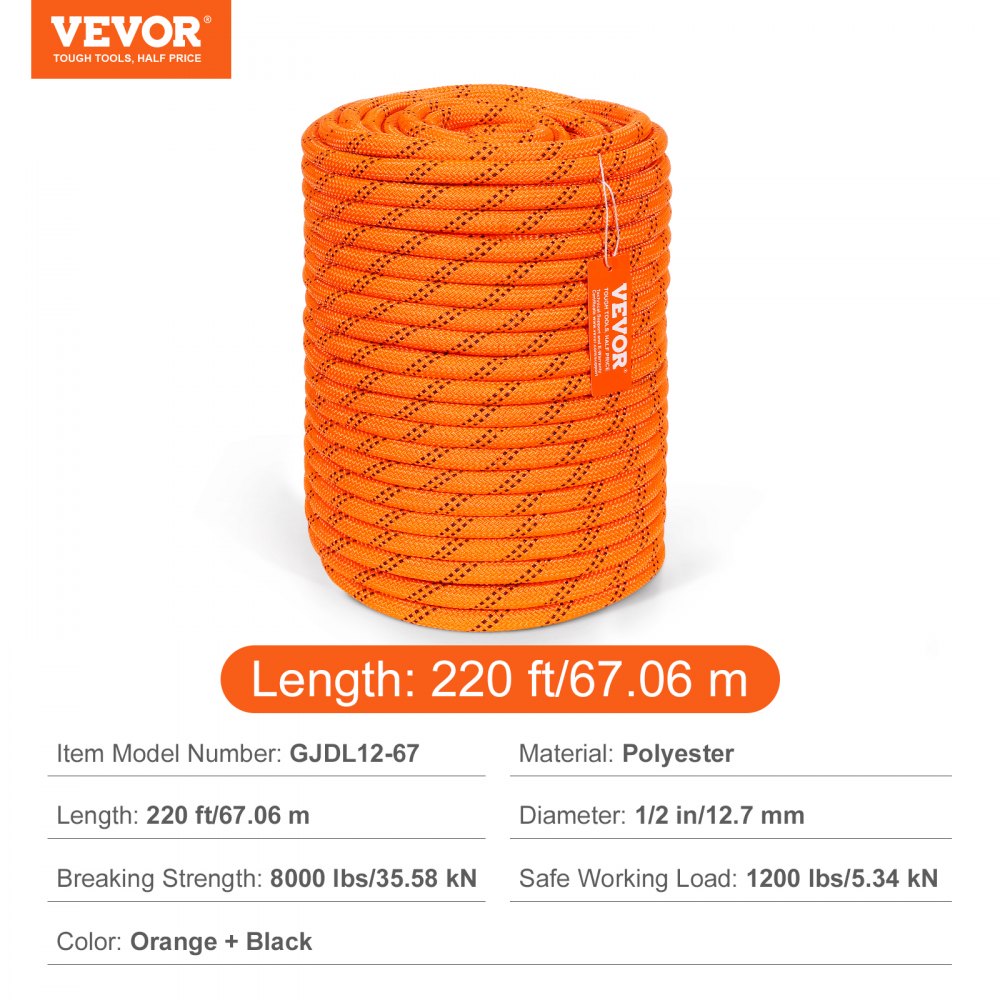 VEVOR Dual-Weave Polyester Cord, 1/2 inch x 220 feet, 48-Strand, 8000 LBS Tensile Strength, Multi-Use Outdoor Rope for Camping, Swinging, Rappelling, and Rescue, Orange/Black