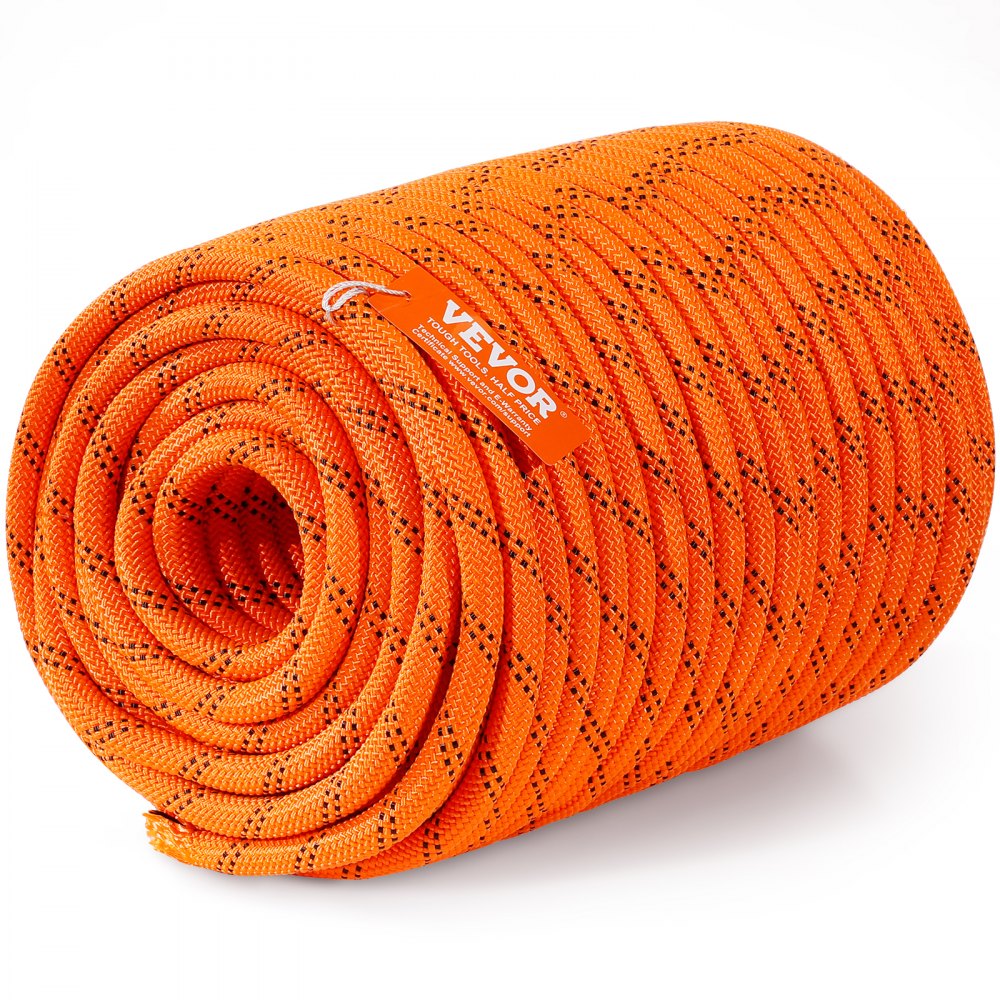 VEVOR Dual-Weave Polyester Cord, 1/2 inch x 220 feet, 48-Strand, 8000 LBS Tensile Strength, Multi-Use Outdoor Rope for Camping, Swinging, Rappelling, and Rescue, Orange/Black