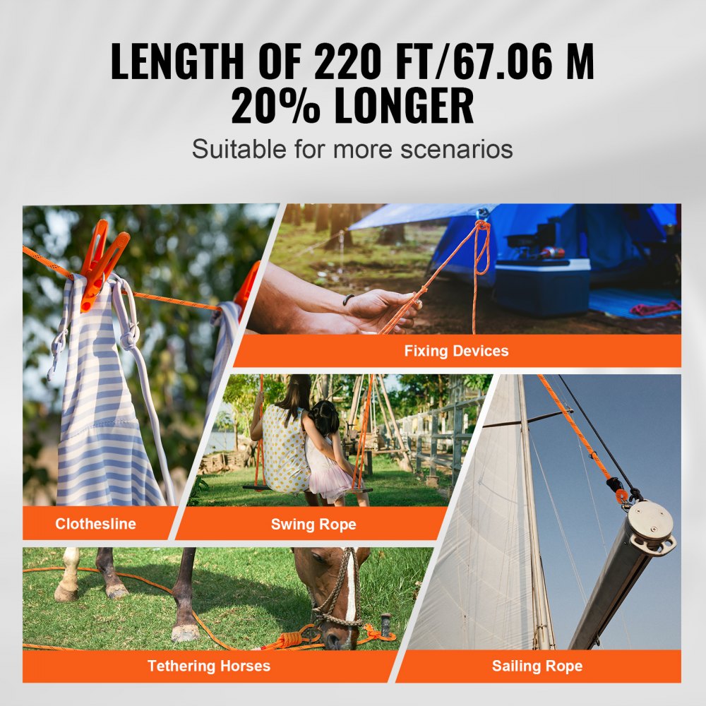 VEVOR Double Braided Polyester Rope, 3/4 in x 220 ft, 24 Strands, 12700 LBS Breaking Strength Outdoor Rope, Arborist Rigging Rope for Rock Hiking Camping Swing Rappelling Rescue, Orange/Black
