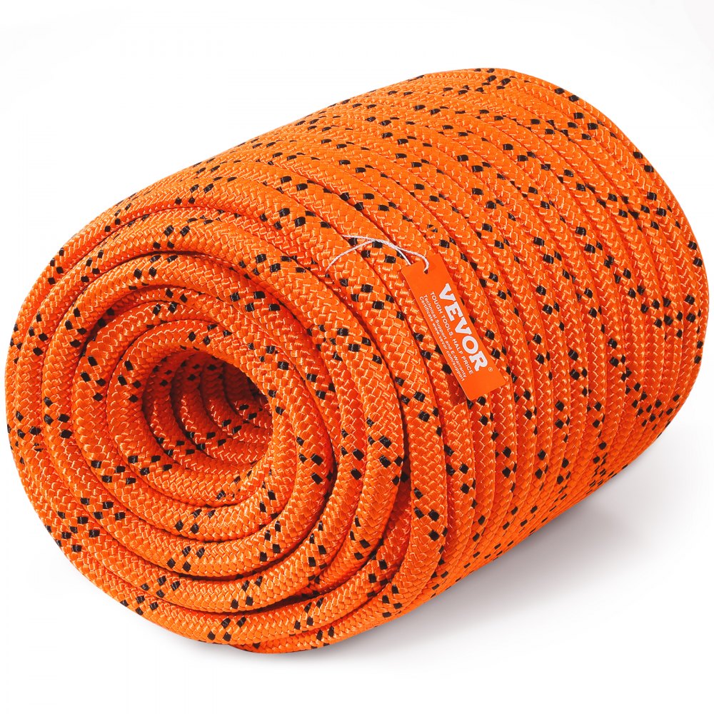 VEVOR Double Braided Polyester Rope, 3/4 in x 220 ft, 24 Strands, 12700 LBS Breaking Strength Outdoor Rope, Arborist Rigging Rope for Rock Hiking Camping Swing Rappelling Rescue, Orange/Black