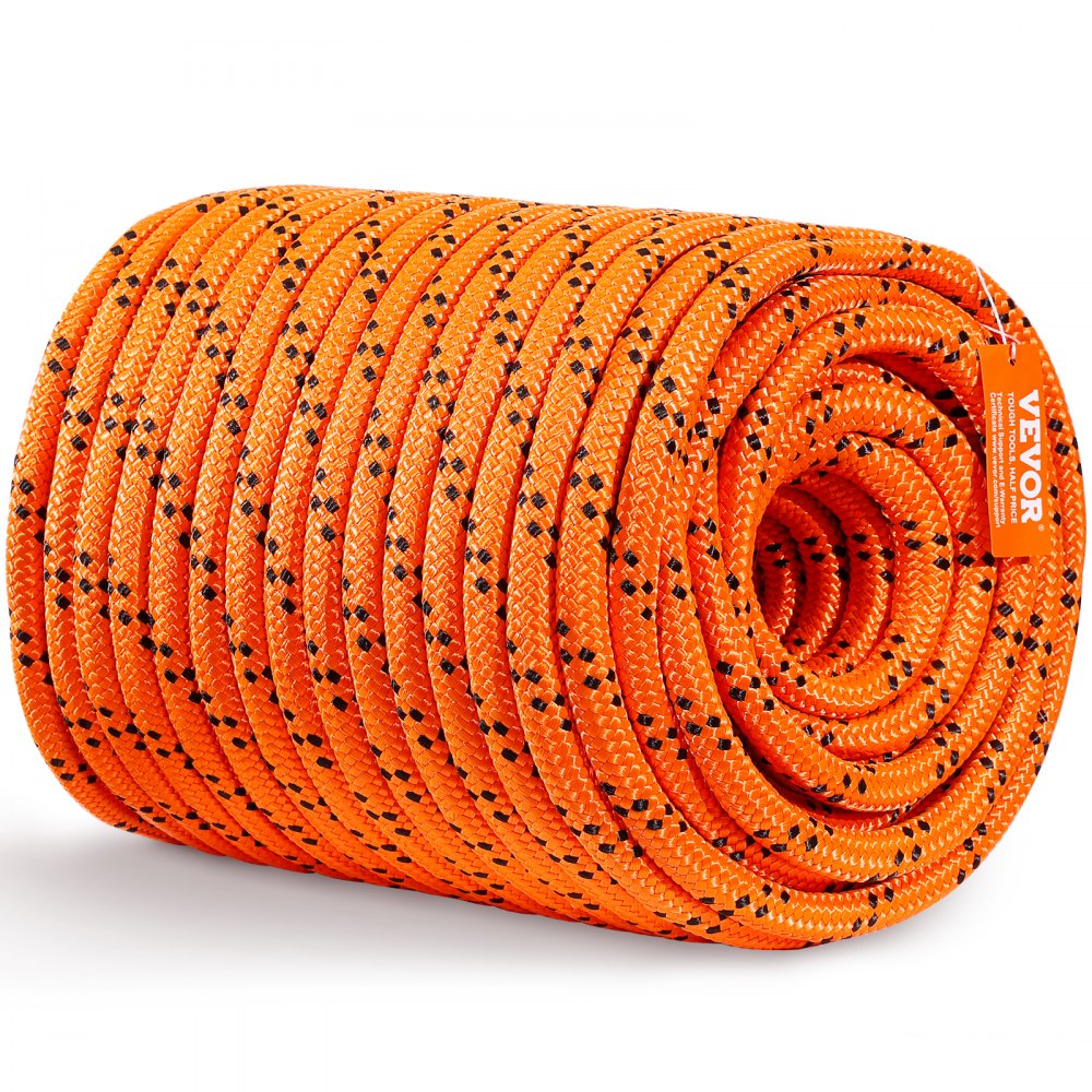 VEVOR Double Braided Polyester Rope, 3/4 in x 220 ft, 24 Strands, 12700 LBS Breaking Strength Outdoor Rope, Arborist Rigging Rope for Rock Hiking Camping Swing Rappelling Rescue, Orange/Black