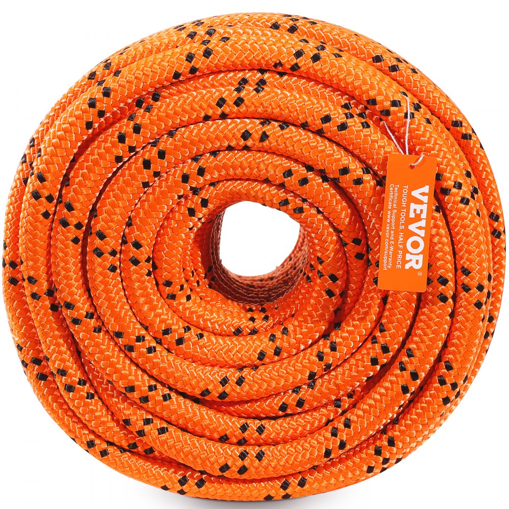 VEVOR Double Braided Polyester Rope, 3/4 in x 220 ft, 24 Strands, 12700 LBS Breaking Strength Outdoor Rope, Arborist Rigging Rope for Rock Hiking Camping Swing Rappelling Rescue, Orange/Black