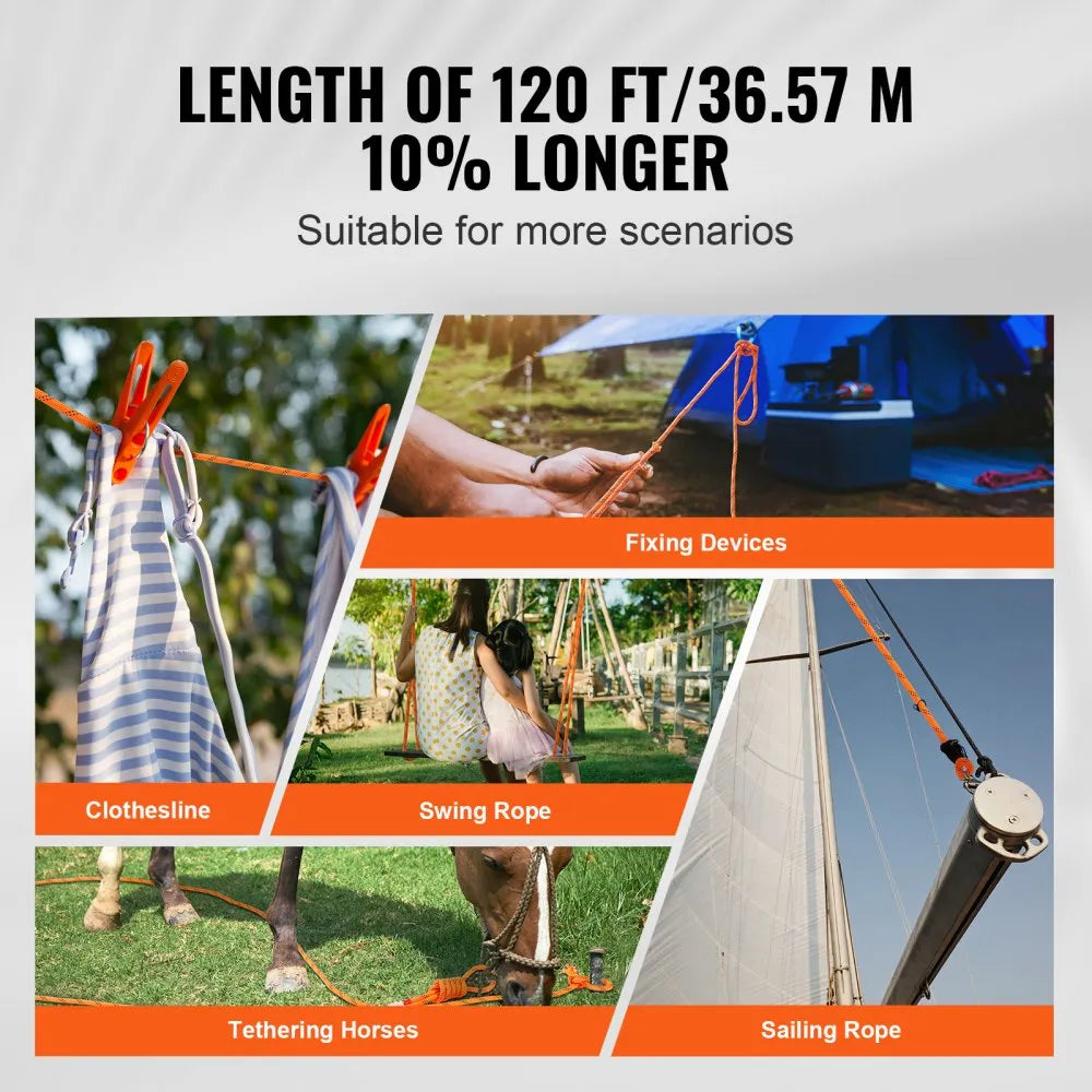 VEVOR Dual-Weave Polyester Cord, 3/8 inch by 120 feet, 48-Strand, 4000 Pound Tensile Strength, Multi-Use Rope for Arborist Activities, and Outdoor Adventures, Orange/Black