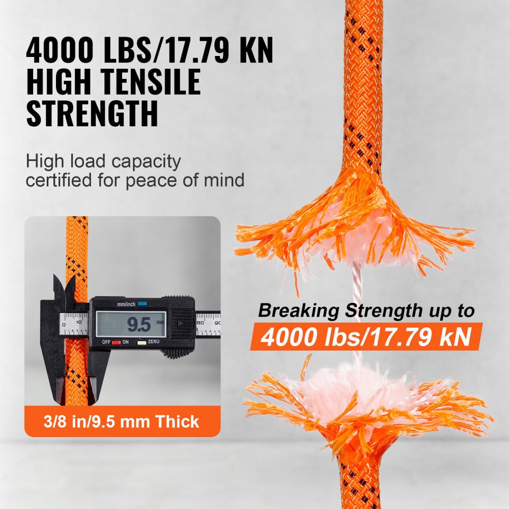 VEVOR Dual-Weave Polyester Cord, 3/8 inch by 120 feet, 48-Strand, 4000 Pound Tensile Strength, Multi-Use Rope for Arborist Activities, and Outdoor Adventures, Orange/Black
