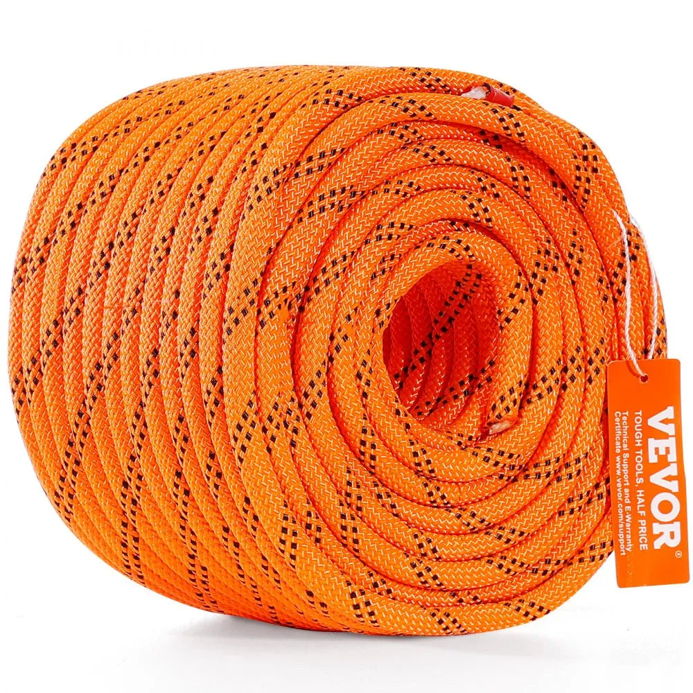 VEVOR Dual-Weave Polyester Cord, 3/8 inch by 120 feet, 48-Strand, 4000 Pound Tensile Strength, Multi-Use Rope for Arborist Activities, and Outdoor Adventures, Orange/Black