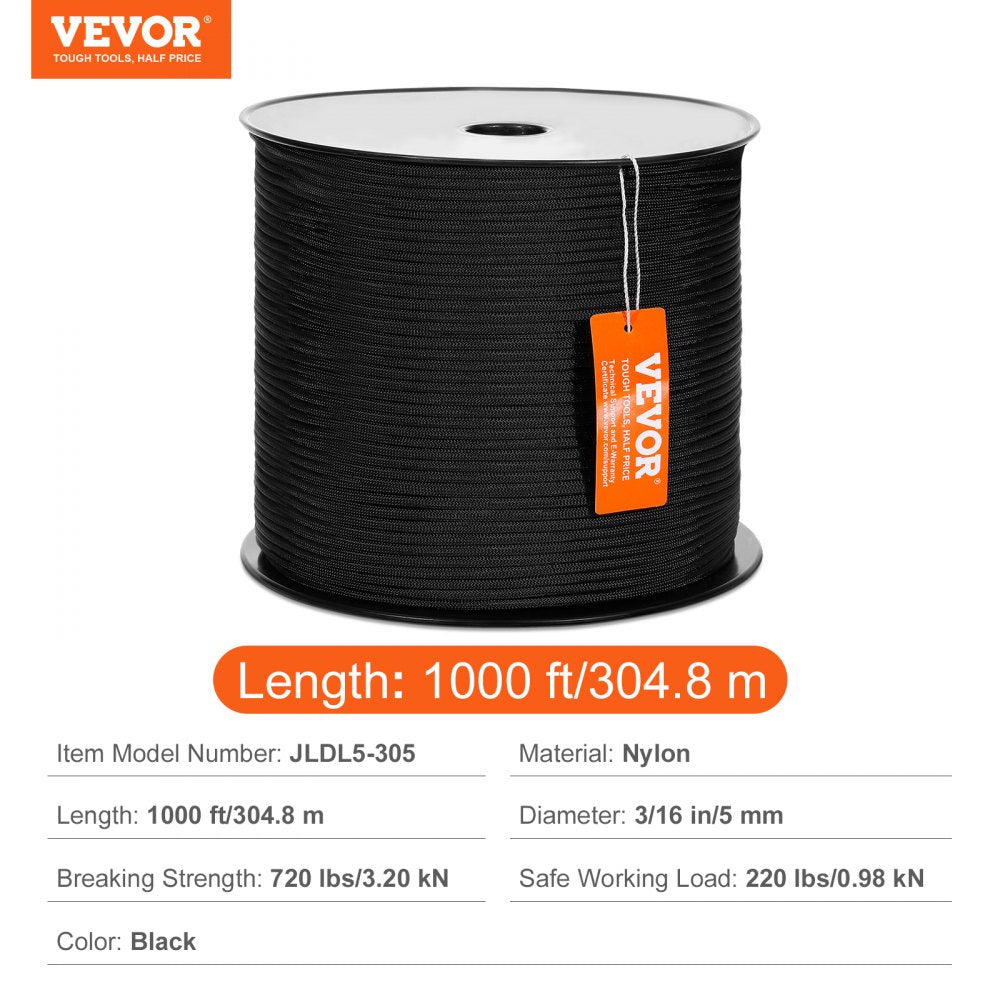VEVOR Durable Nylon Cord, 3/16 inch x 1000 ft, 32-Strand Design, 720 LBS Load Capacity, Multi-Purpose Rope for Outdoor Adventures, Tree Work, and Emergency Situations, Black
