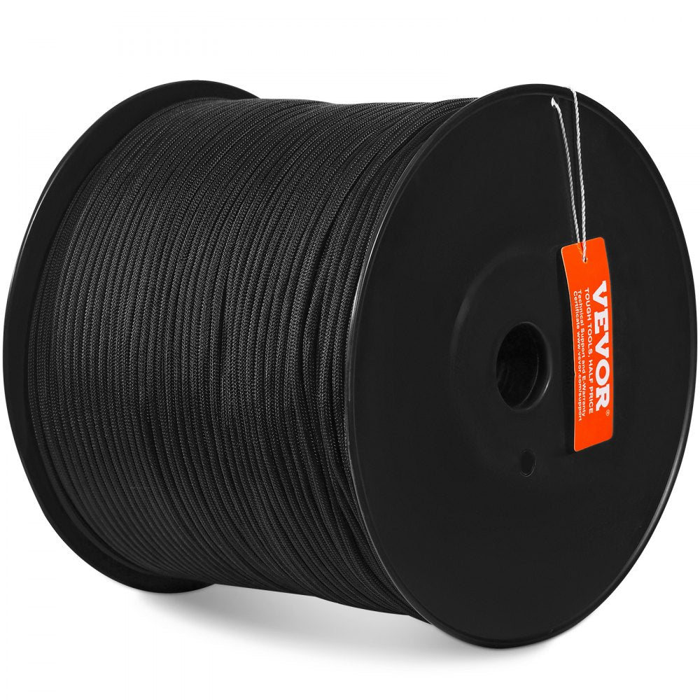 VEVOR Durable Nylon Cord, 3/16 inch x 1000 ft, 32-Strand Design, 720 LBS Load Capacity, Multi-Purpose Rope for Outdoor Adventures, Tree Work, and Emergency Situations, Black