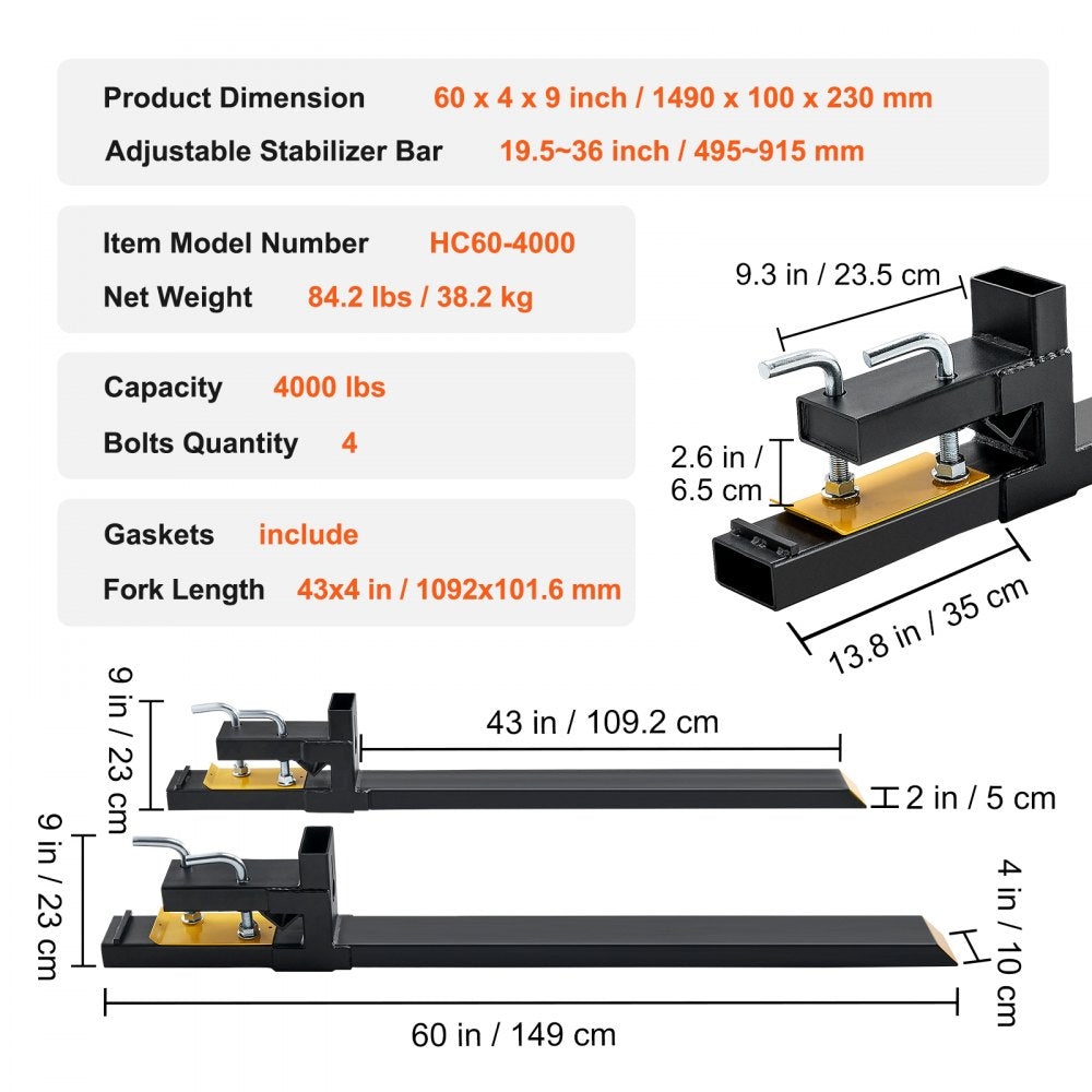 VEVOR Pallet Forks, 4000 lbs Capacity clamp on Pallet Forks, 60" Tractor Bucket Forks, Heavy Duty Front Loader Attachment for Tractor, Loader Bucket, Skid Steer, Tractor Forks for Agriculture and Farm