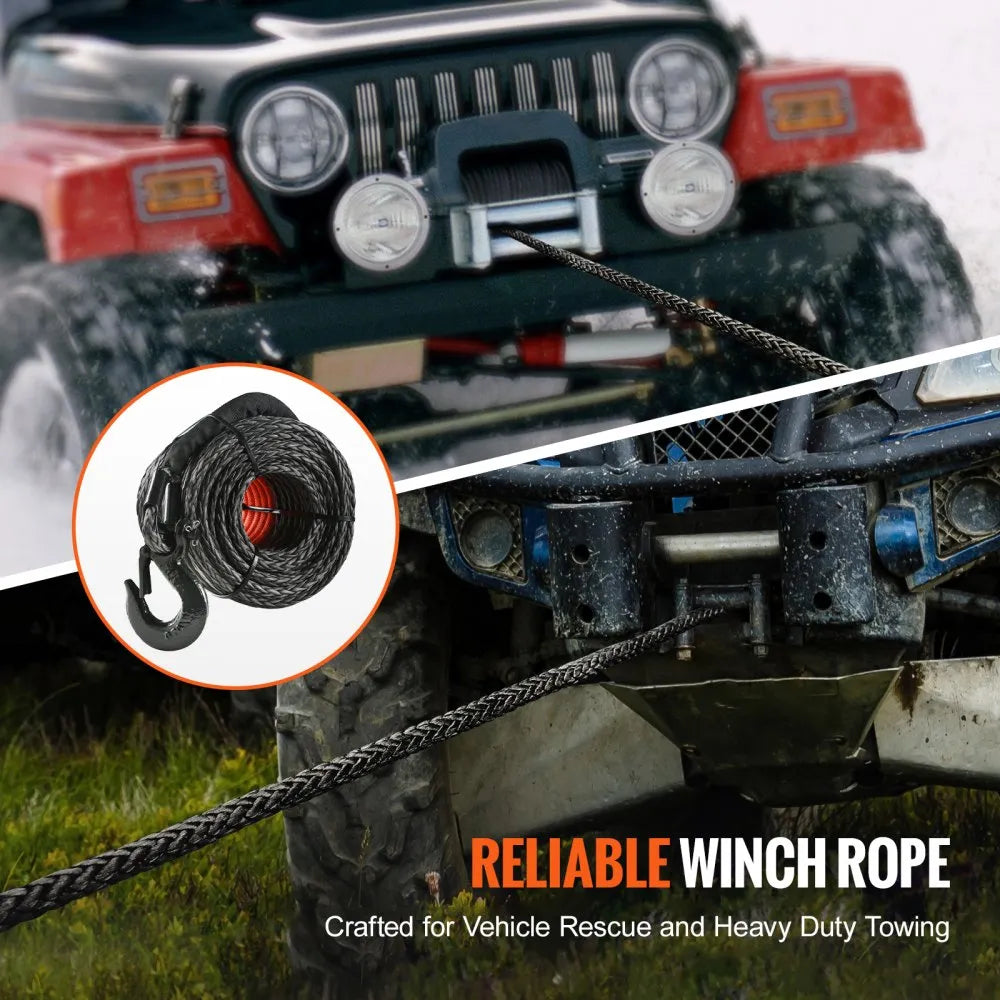 VEVOR Synthetic Winch Rope, 1/2 Inch x 92 Feet 32,000 lbs Synthetic Winch Line Cable Rope with Protective Sleeve + Forged Winch Hook + Pull Strap, Universal Fit for SUV, Large Off-Road Vehicle, Truck