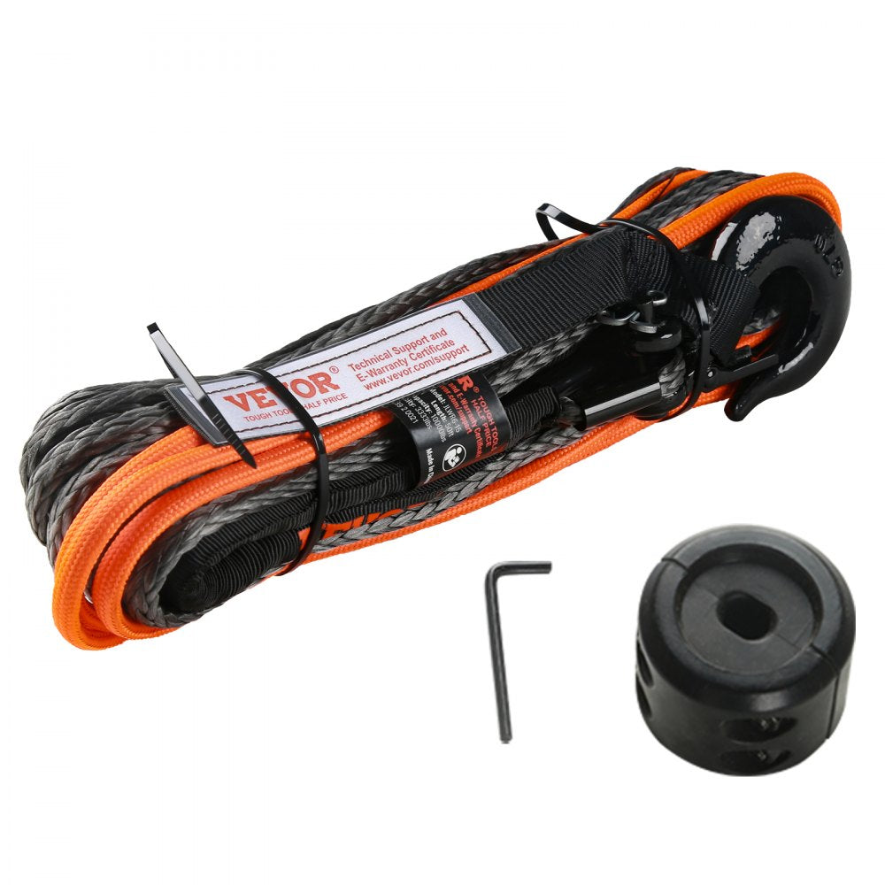 VEVOR Synthetic Winch Rope, 3/16 Inch x 50 Feet 8,350 lbs Synthetic Winch Line Cable Rope with Protective Sleeve + Stopper + Forged Winch Hook + Pull Strap, Universal Fit for ATV, UTV, Vehicle Towing