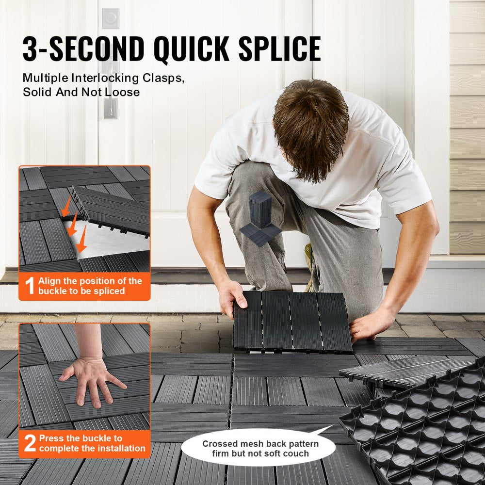VEVOR Interlocking Deck Tiles, 36 Pack,11.6"x11.6" 36 sq. ft Plastic Waterproof Outdoor Flooring All Weather Use, Patio Floor Decking Covering Tiles for Porch Poolside Balcony Backyard, Dark Grey
