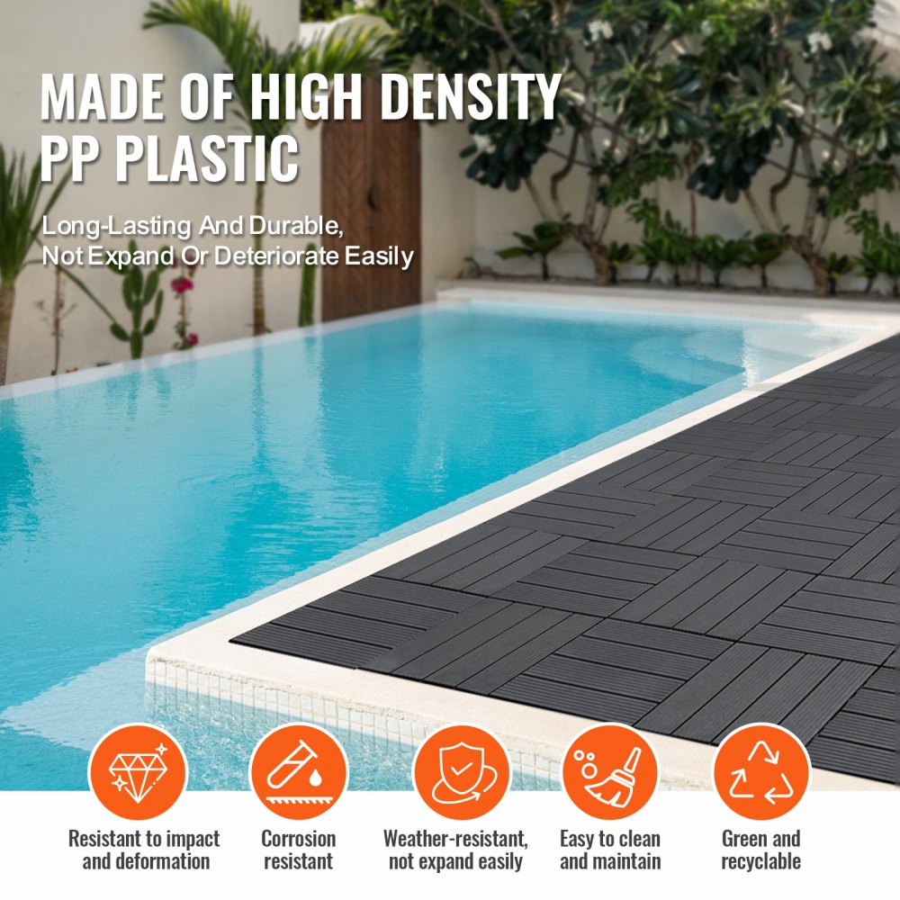 VEVOR Interlocking Deck Tiles, 10 Pack,12"x12" 10 sq. ft Plastic Waterproof Outdoor Flooring All Weather Use, Patio Floor Decking Covering Tiles for Porch Poolside Balcony Backyard, Dark Grey
