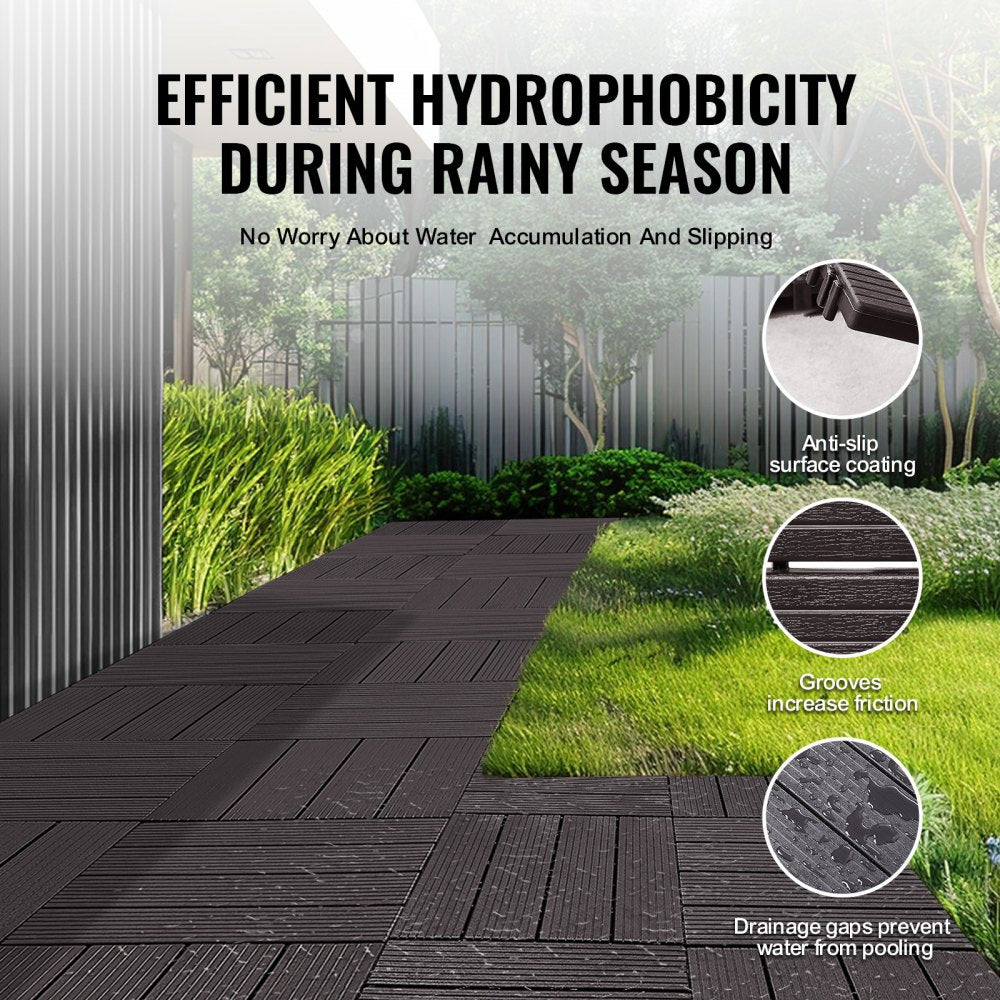 VEVOR Interlocking Deck Tiles, 10 Pack,12"x12" 10 sq. ft Plastic Waterproof Outdoor Flooring All Weather Use, Patio Floor Decking Covering Tiles for Porch Poolside Balcony Backyard, Dark Brown