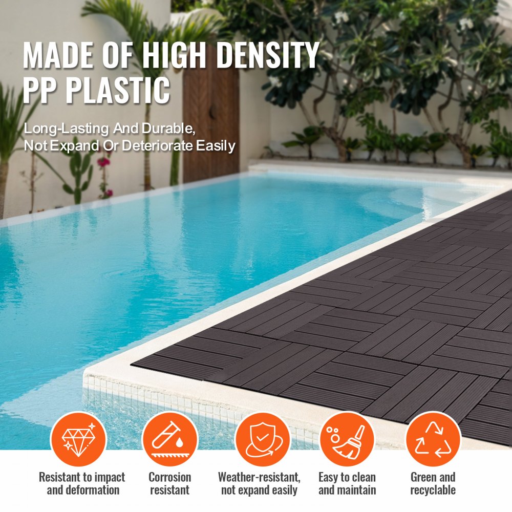 VEVOR Interlocking Deck Tiles, 10 Pack,12"x12" 10 sq. ft Plastic Waterproof Outdoor Flooring All Weather Use, Patio Floor Decking Covering Tiles for Porch Poolside Balcony Backyard, Dark Brown