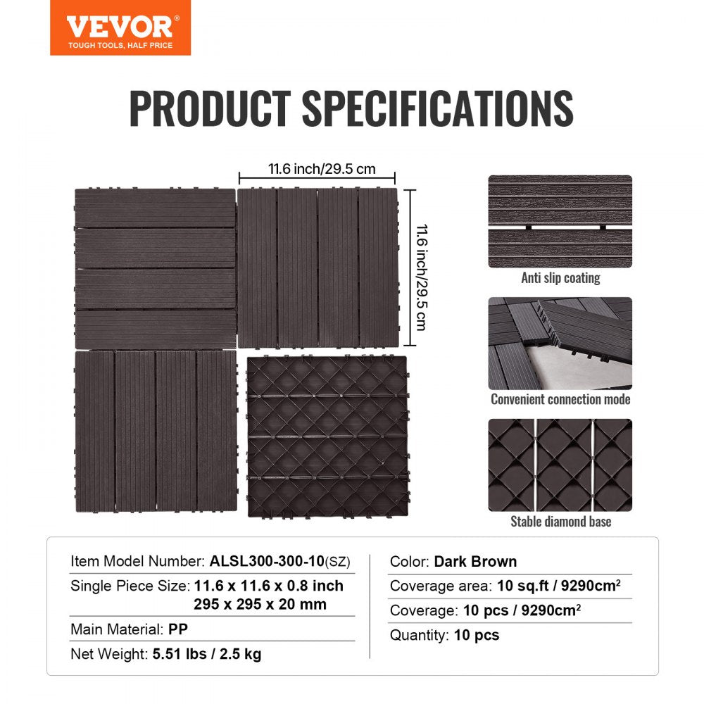 VEVOR Interlocking Deck Tiles, 10 Pack,12"x12" 10 sq. ft Plastic Waterproof Outdoor Flooring All Weather Use, Patio Floor Decking Covering Tiles for Porch Poolside Balcony Backyard, Dark Brown
