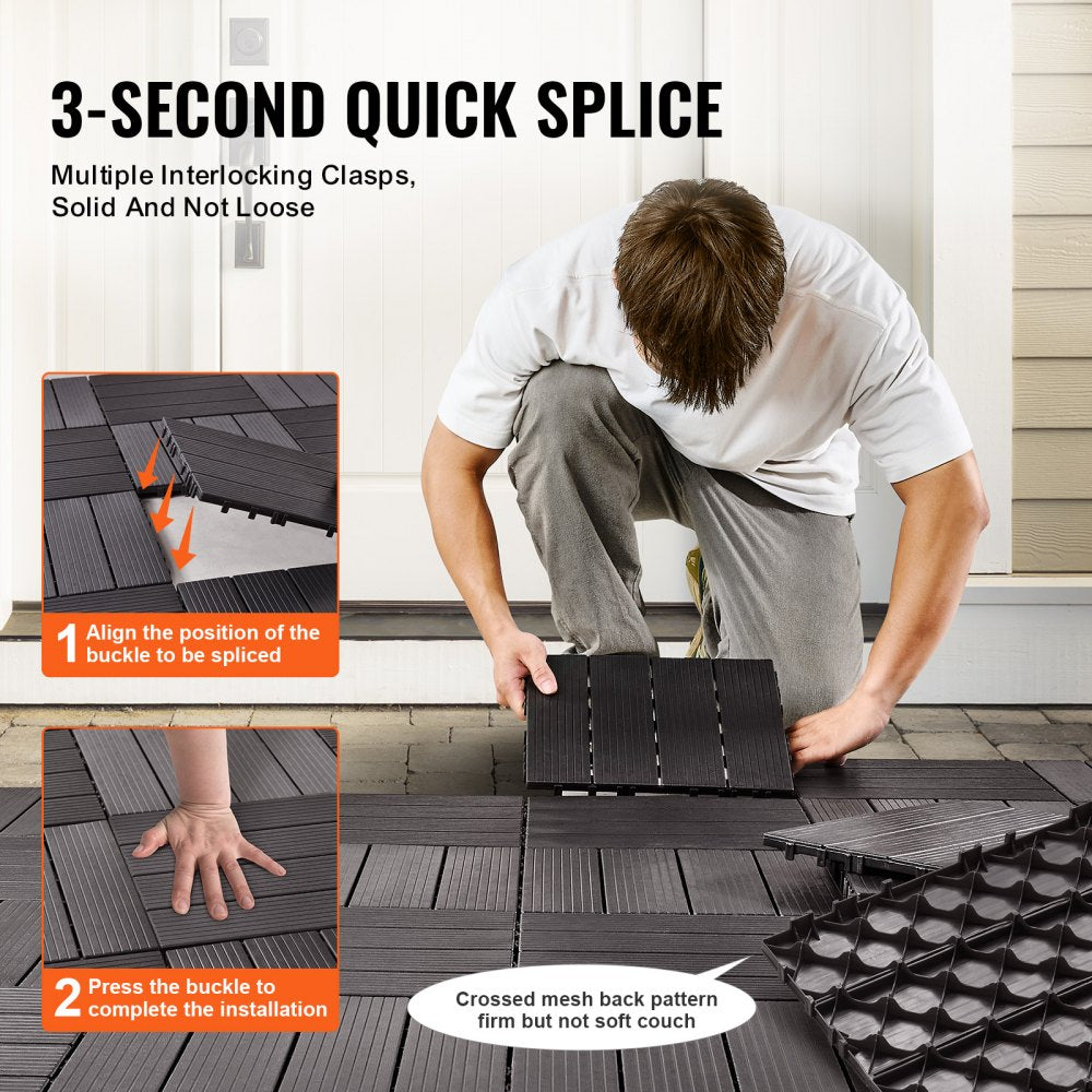 VEVOR Interlocking Deck Tiles, 36 Pack,11.6"x11.6" 36 sq. ft Plastic Waterproof Outdoor Flooring All Weather Use, Patio Floor Decking Covering Tiles for Porch Poolside Balcony Backyard, Dark Brown