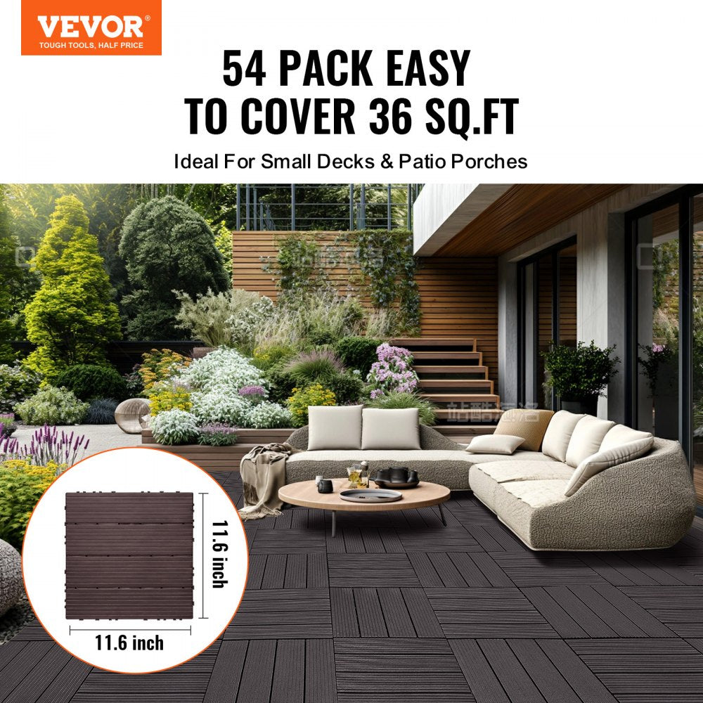 VEVOR Interlocking Deck Tiles, 54 Pack,12"x12" 54 sq. ft Plastic Waterproof Outdoor Flooring All Weather Use, Patio Floor Decking Covering Tiles for Porch Poolside Balcony Backyard, Dark Brown