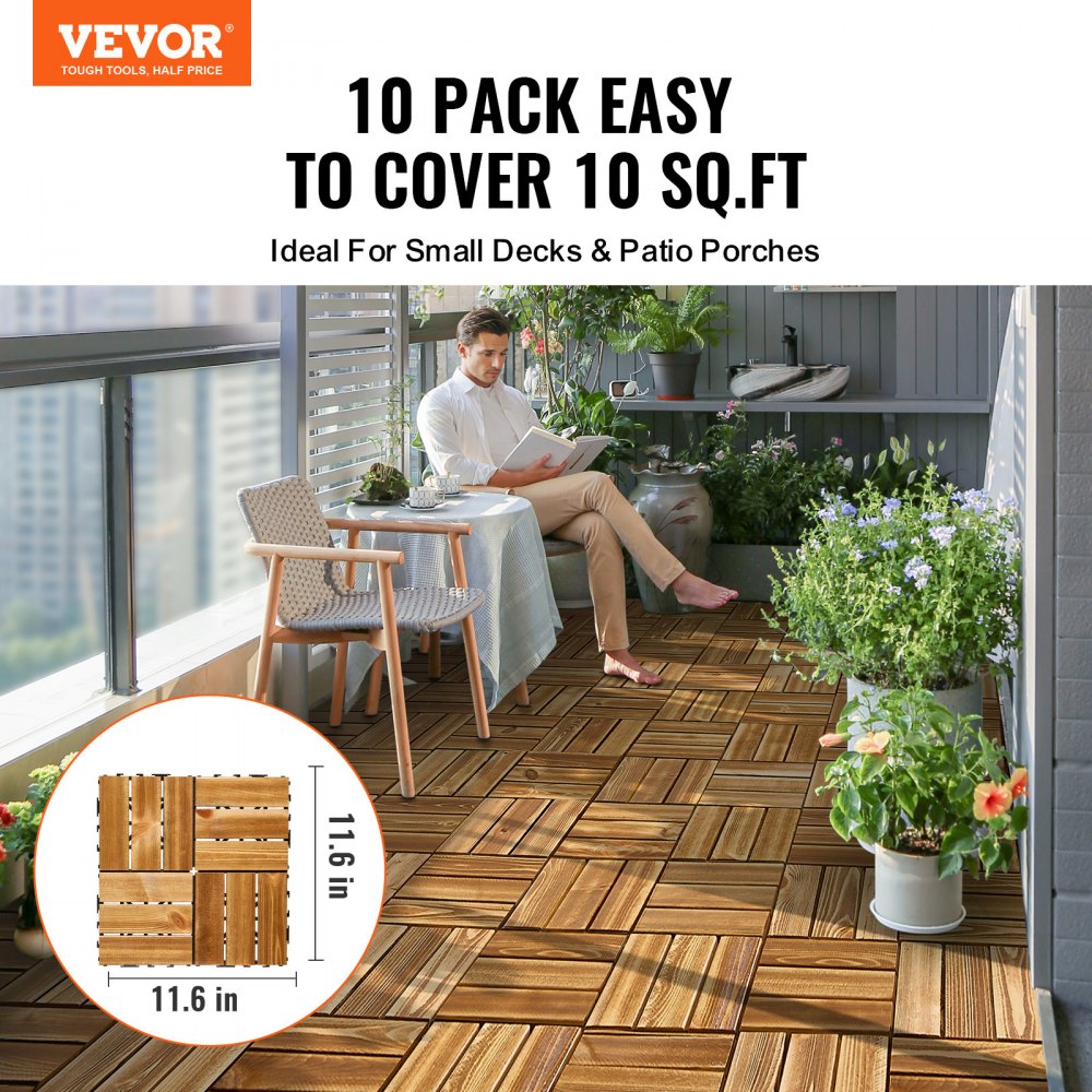 VEVOR Interlocking Deck Tiles Solid Wood, 10 Pack,12"x12" Waterproof Camphor Pine Wood Flooring All Weather Use, Patio Floor Decking Covering Tiles for Porch Poolside Balcony Backyard, (Wooden)