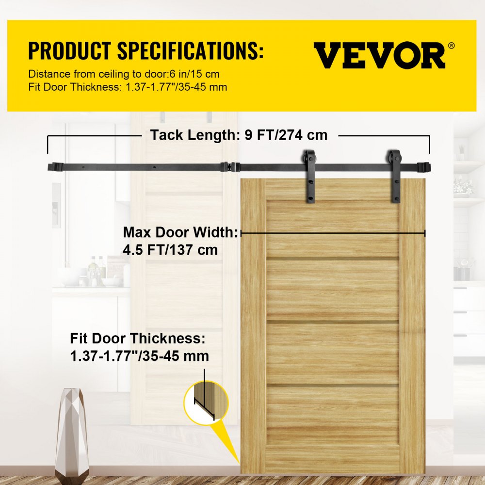 VEVOR Sliding Barn Door Hardware Kit, 9FT Barn Door Kit, 330LBS Load-Bearing Double Barn Door Hardware Kit, Carbon Steel Barn Door Track, Darn Door for 1.37-1.77\" Thickness & 4.5FT Wide Door Panel