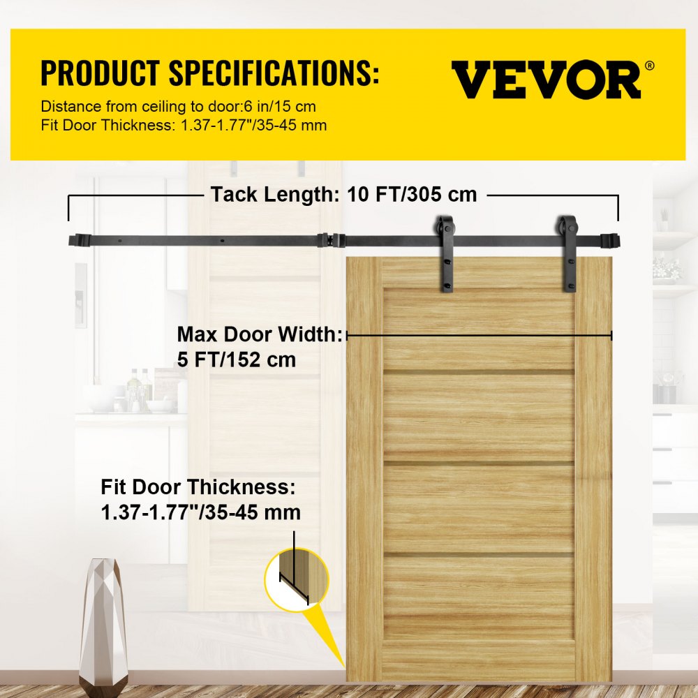 VEVOR Sliding Barn Door Hardware Kit, 10FT Barn Door Kit, 330LBS Load-Bearing Double Barn Door Hardware Kit, Carbon Steel Barn Door Track, Darn Door for 1.37-1.77\" Thickness & 5FT Wide Door Panel