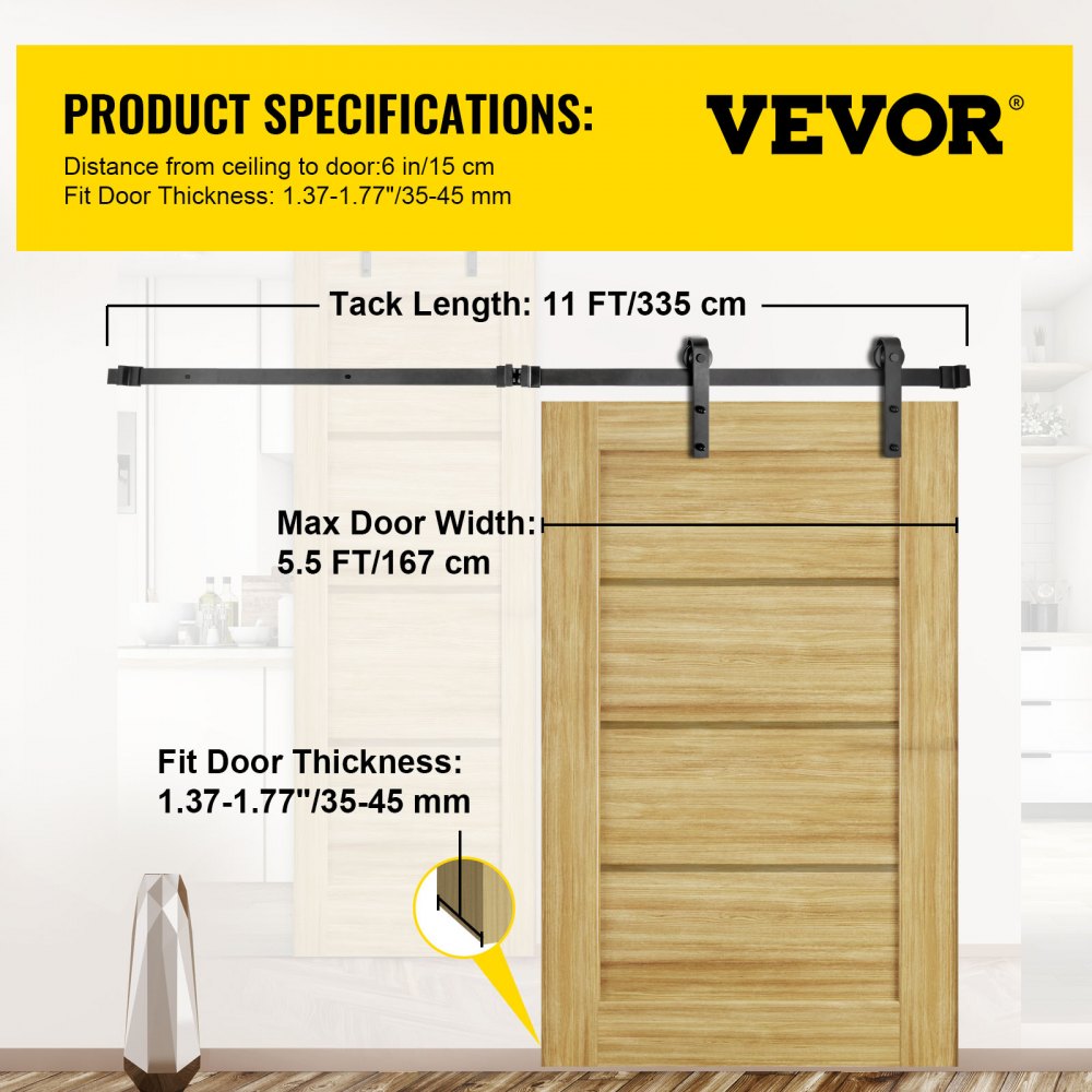 VEVOR Sliding Barn Door Hardware Kit, 11FT Barn Door Kit, 330LBS Load-Bearing Double Barn Door Hardware Kit, Carbon Steel Barn Door Track, Darn Door for 1.37-1.77\" Thickness & 5.5FT Wide Door Panel